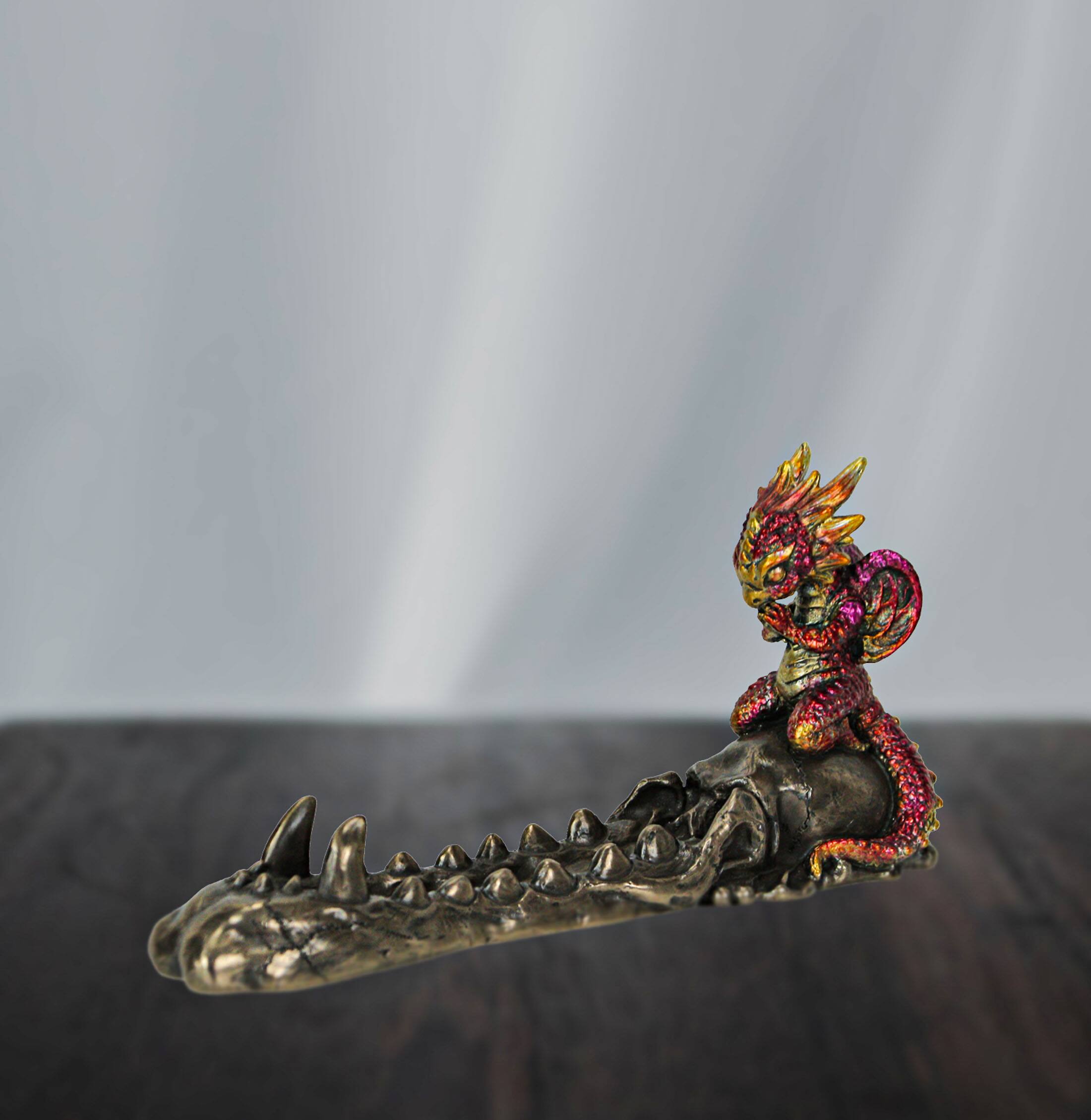 Alt View 3. Veronese Design - Dragonling Bronze Finish Baby Dragon on Skull Stick Incense Holder - Multicolored.