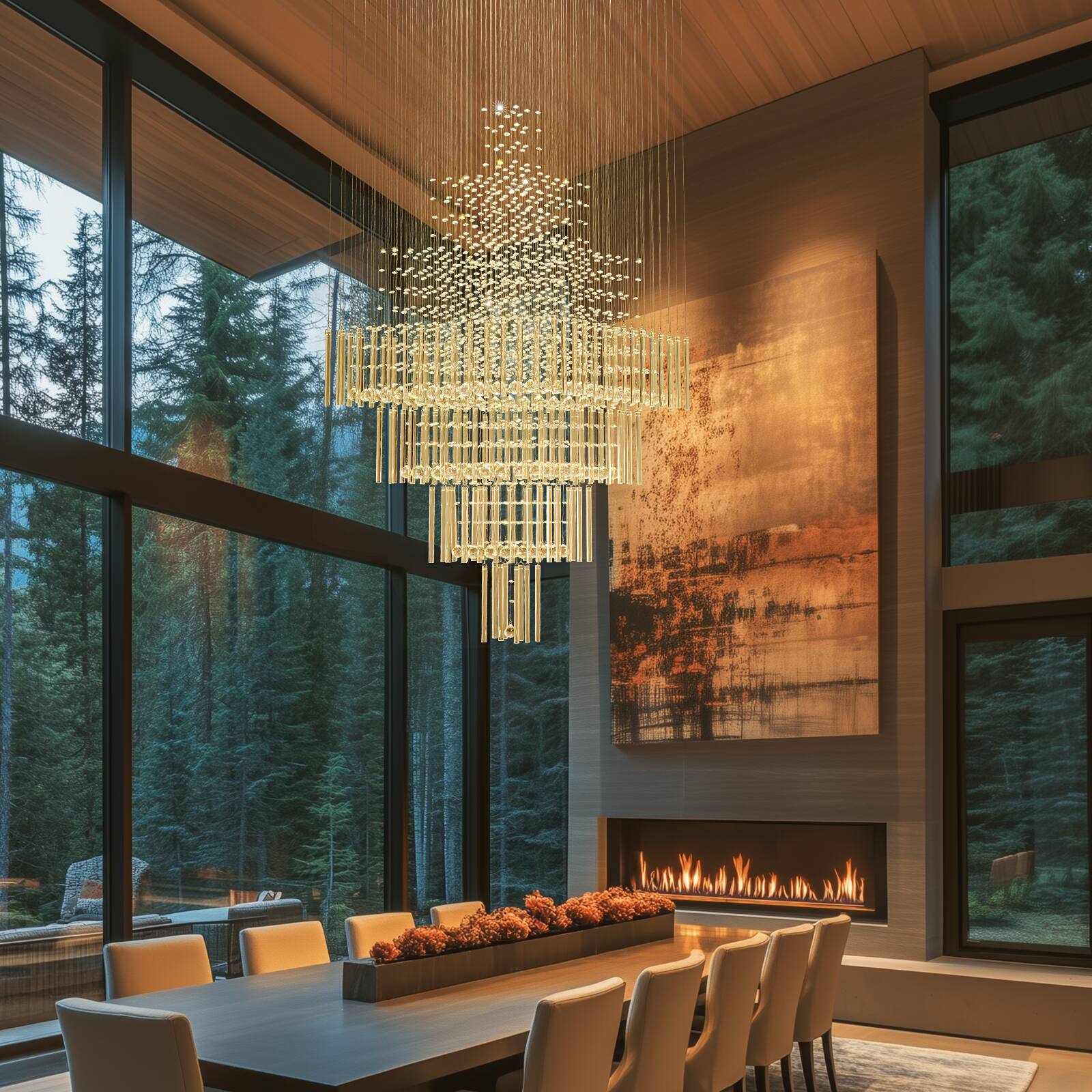 Left. Siljoy - 31.5-Inch Modern Minimalist Square Layered Glass Chandelier with K9 Clear Handmade Crystal for Stairwells and Foyers - Chrome.