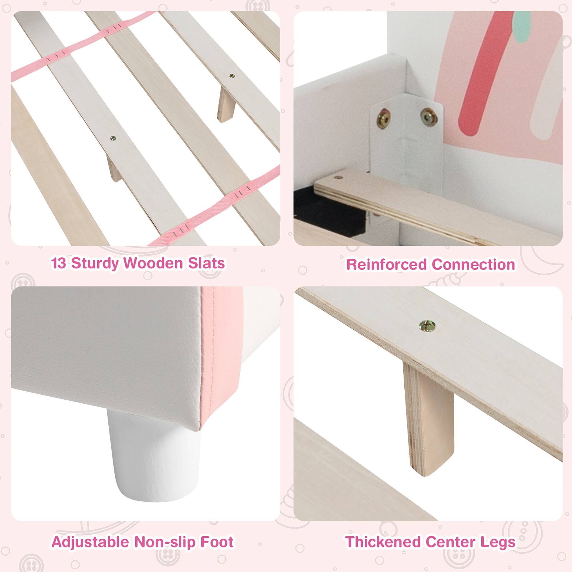 1. 13 Sturdy Wooden Slats
2. Reinforced Connection
3. Adjustable Non-slip Foot
4. Thickened Center Legs