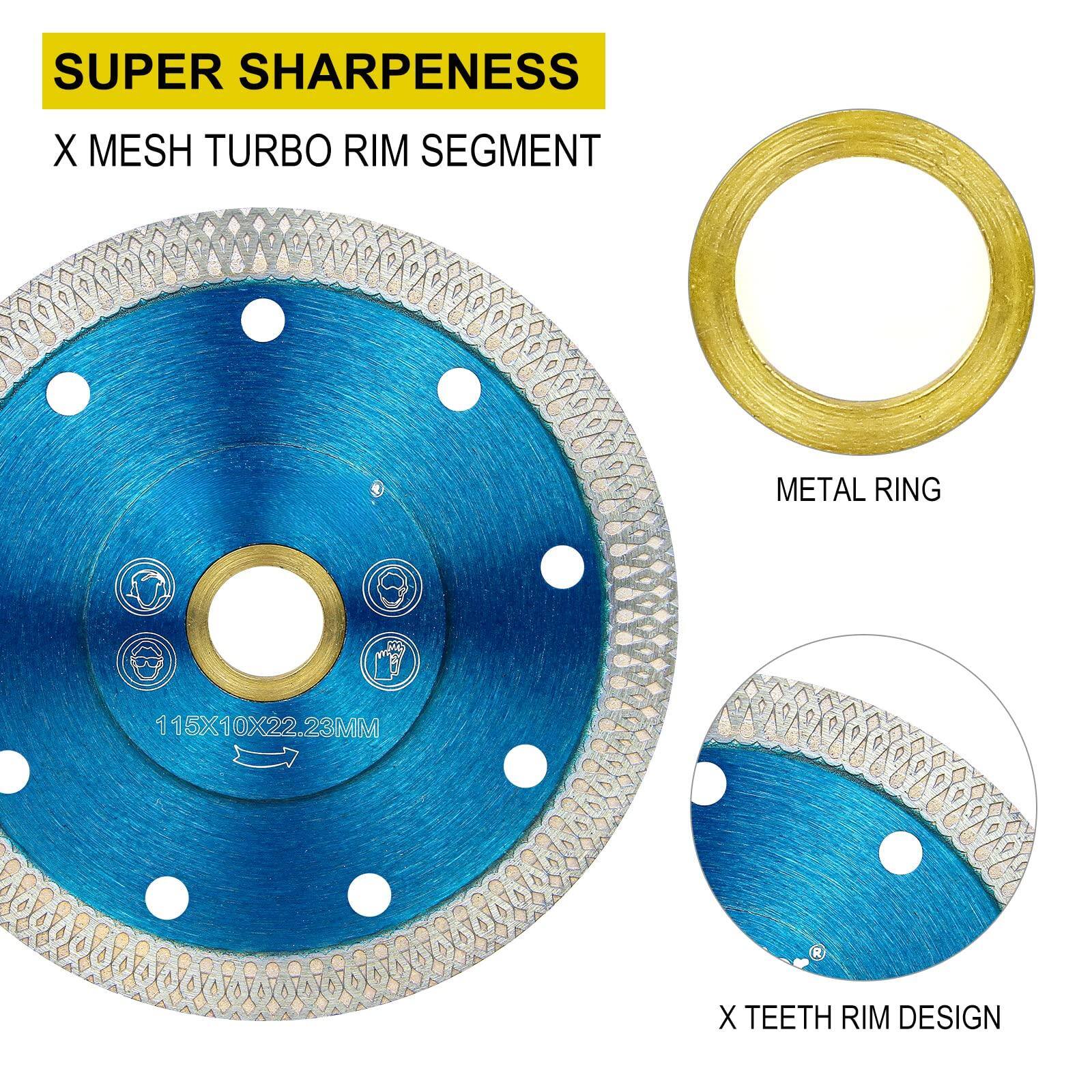 SUPER SHARPENESS  
X MESH TURBO RIM SEGMENT  
METAL RING  
115X10X22.23MM  
X TEETH RIM DESIGN