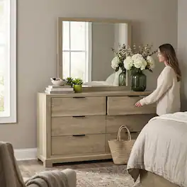 Kings Brand Furniture - Linden Contemporary 6-Drawer Dresser and Mirror Set with Black Bar Handles - Oak