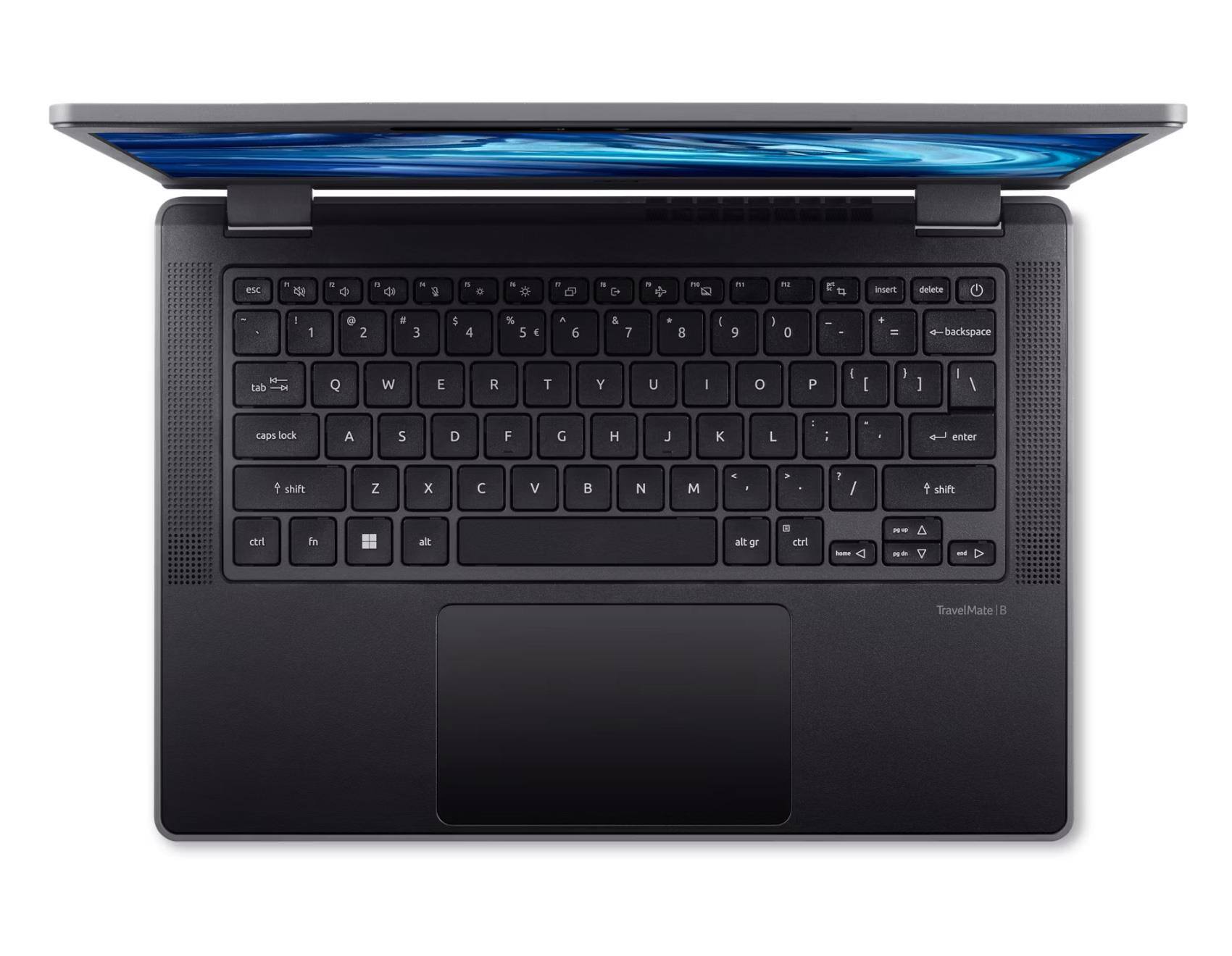 Sure, here is the corrected and grouped text from the image:

```
esc   F1 F2 F3 F4 F5 F6 F7 F8 F9 F10 F11 F12
` 1 2 3 4 5 6 7 8 9 0 - = backspace
tab Q W E R T Y U I O P [ ] \ enter
caps lock A S D F G H J K L ; ' enter
shift Z X C V B N M , . / shift
ctrl fn Windows alt spacebar alt gr ctrl
insert delete
TravelMate B
```