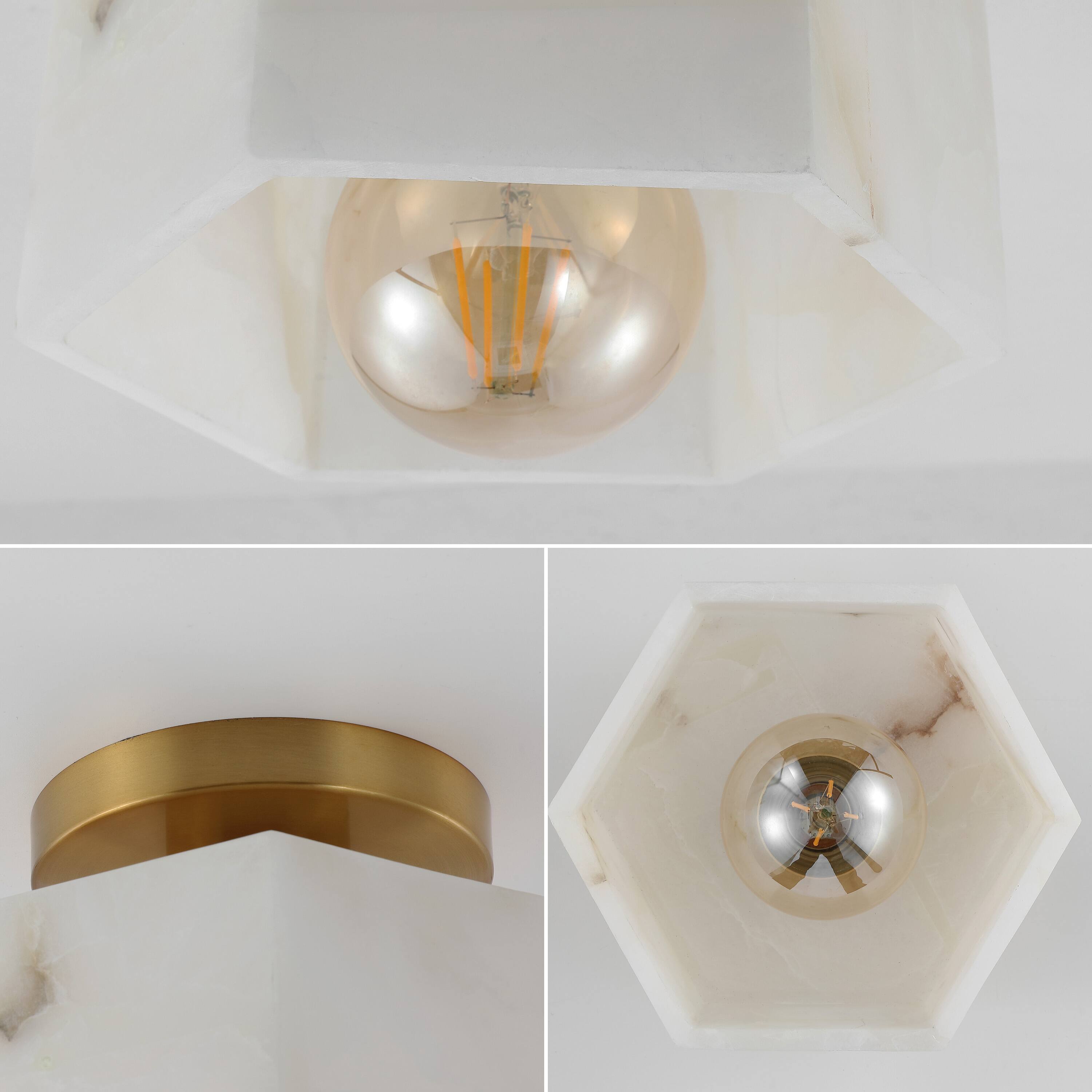 Alt View 4. Jonathan Y - Tessa 8" 1-Light Modern Contemporary Alabaster/Iron Hexagonal LED Semi Flush Mount, White Marbling/Brass Gold - White Marbling/Brass Gold.
