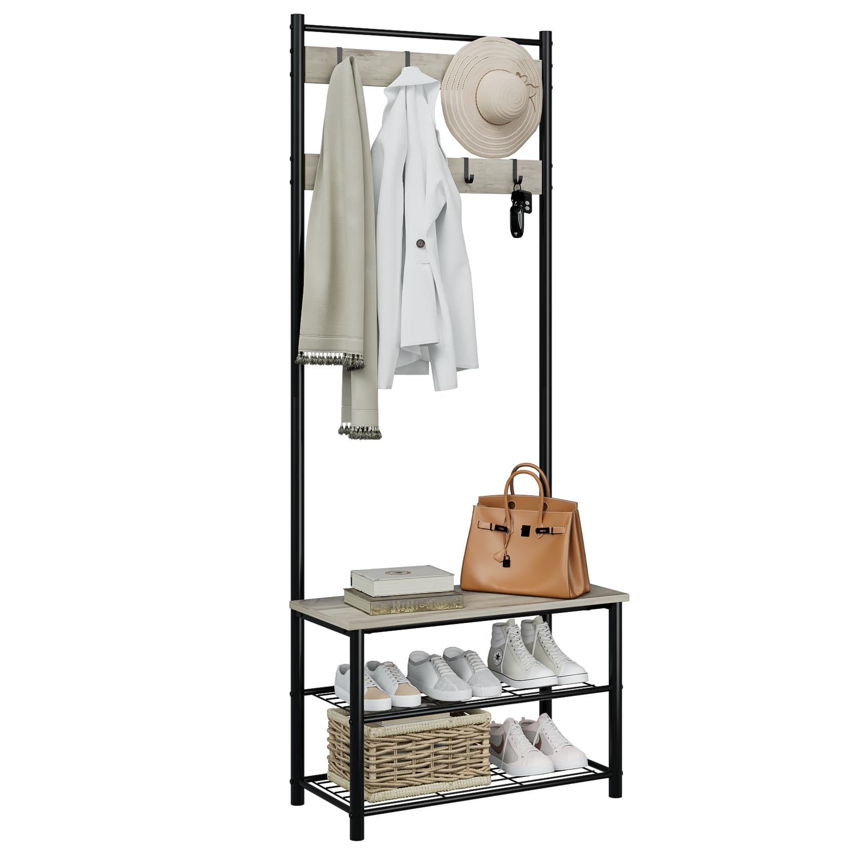 Alt View 8. Hirose Alice - Hall Tree with Bench and Shoe Storage -in-Coat Rack Freestanding Wooden Coat Rack with Shoe Bench with Meta... - Greige.