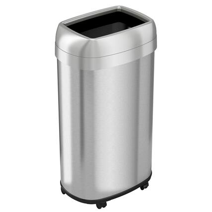 Front. HLS Commercial - Open Top Trash Can with Wheels, Oval, 16 gal, Plastic/Stainless Steel, Silver.