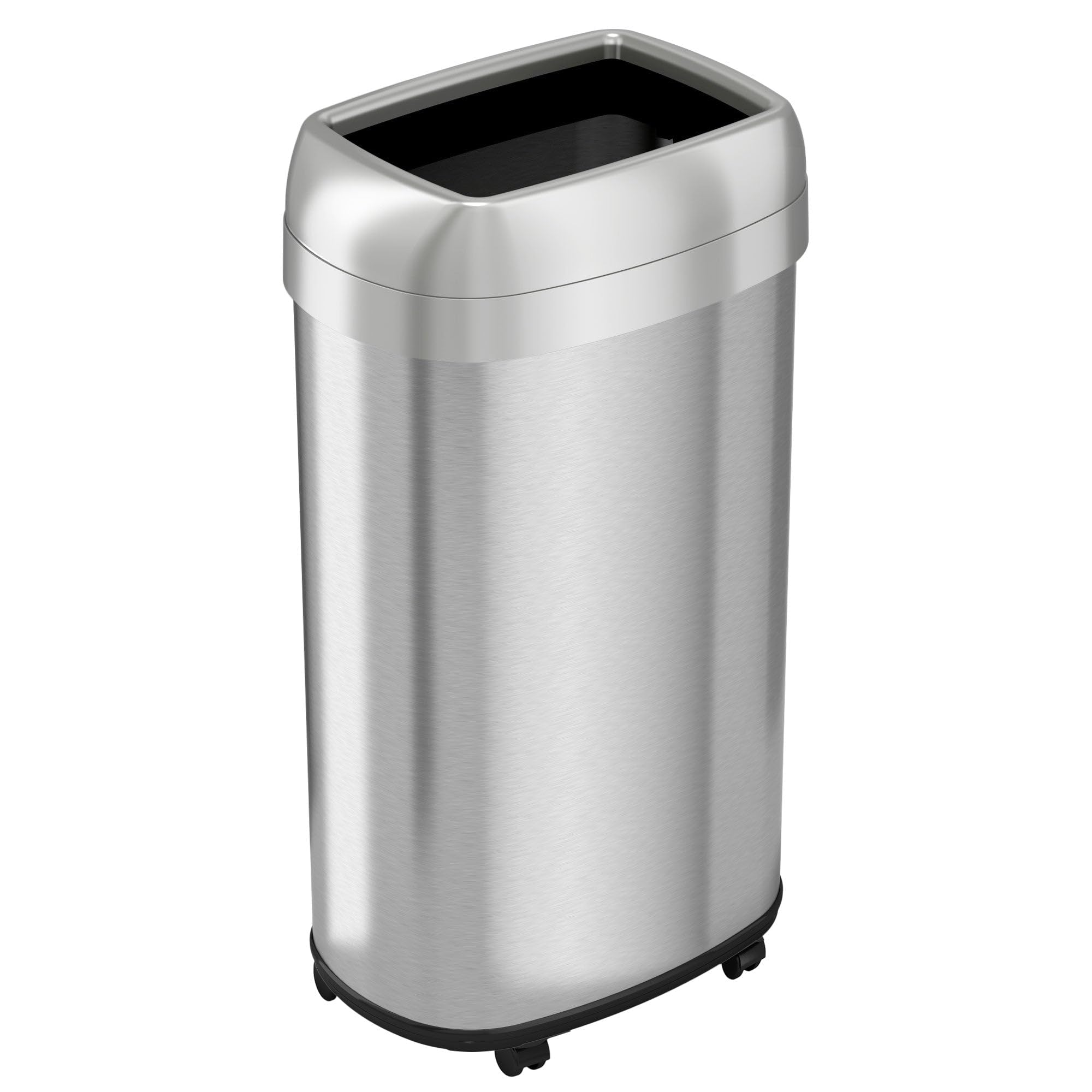 Front. HLS Commercial - Open Top Trash Can with Wheels, Oval, 16 gal, Plastic/Stainless Steel, Silver.