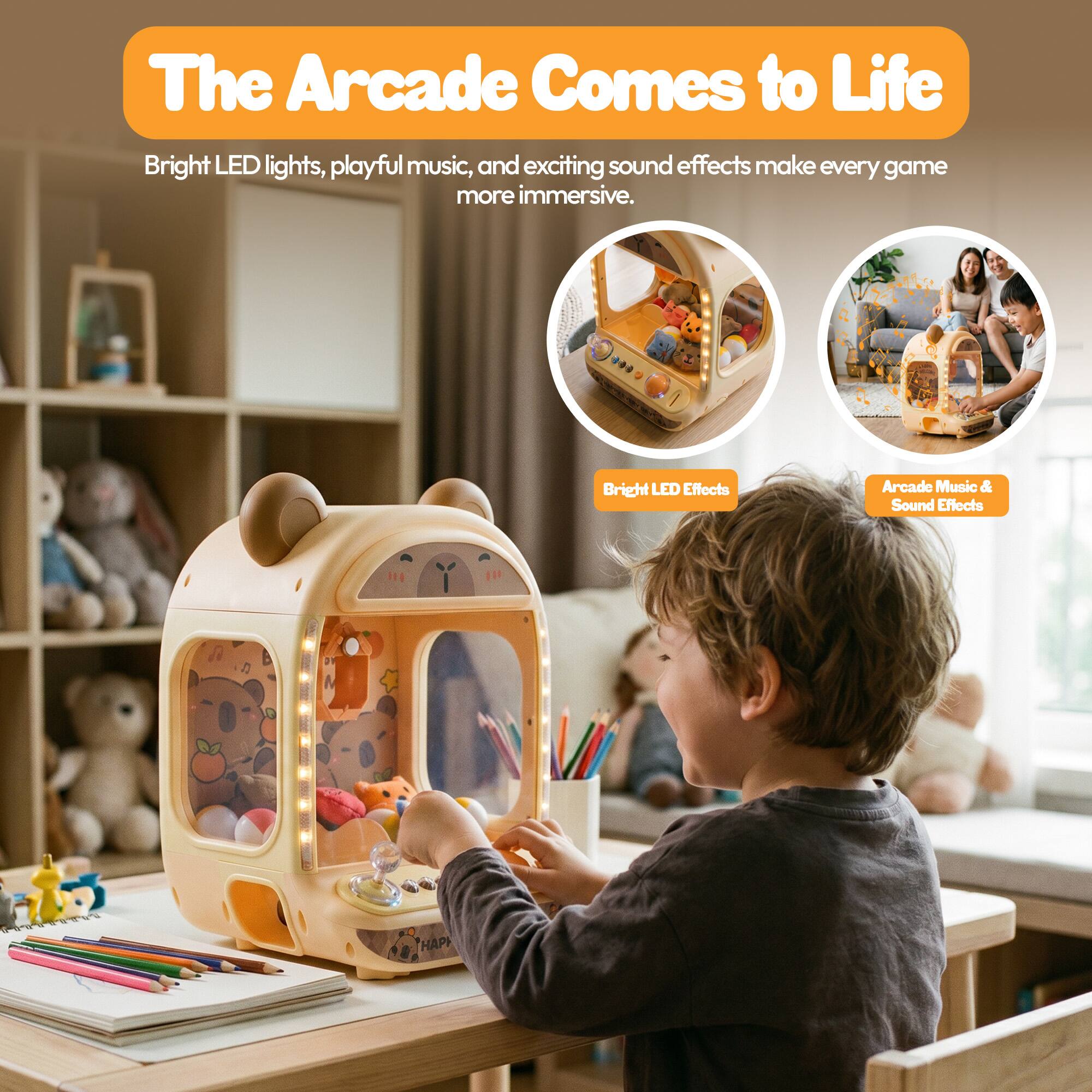 The Arcade Comes to Life

Bright LED lights, playful music, and exciting sound effects make every game more immersive.

Bright LED Effects

Arcade Music & Sound Effects