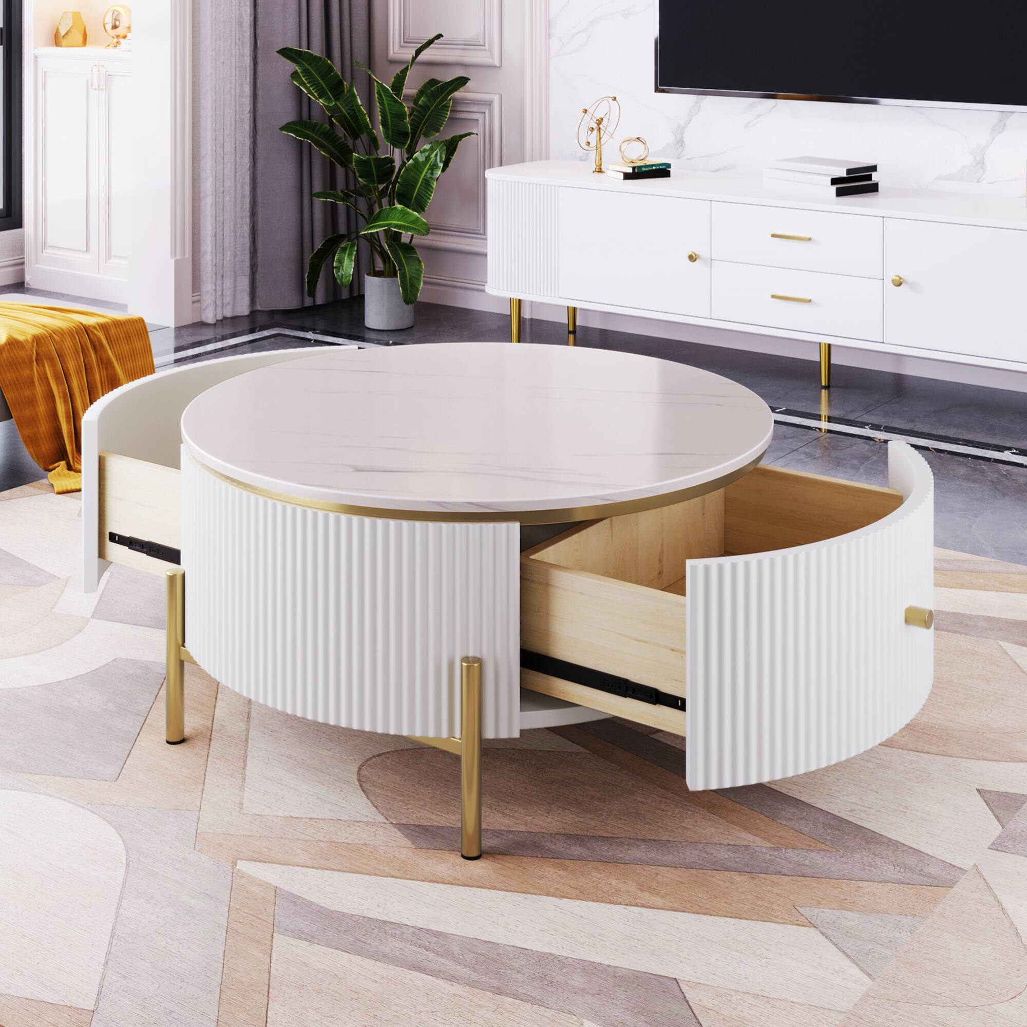 Back. GOODSILO - Contemporary Round Coffee Table with Dual Large Drawers for Enhanced Living Room Storage and Style - White.