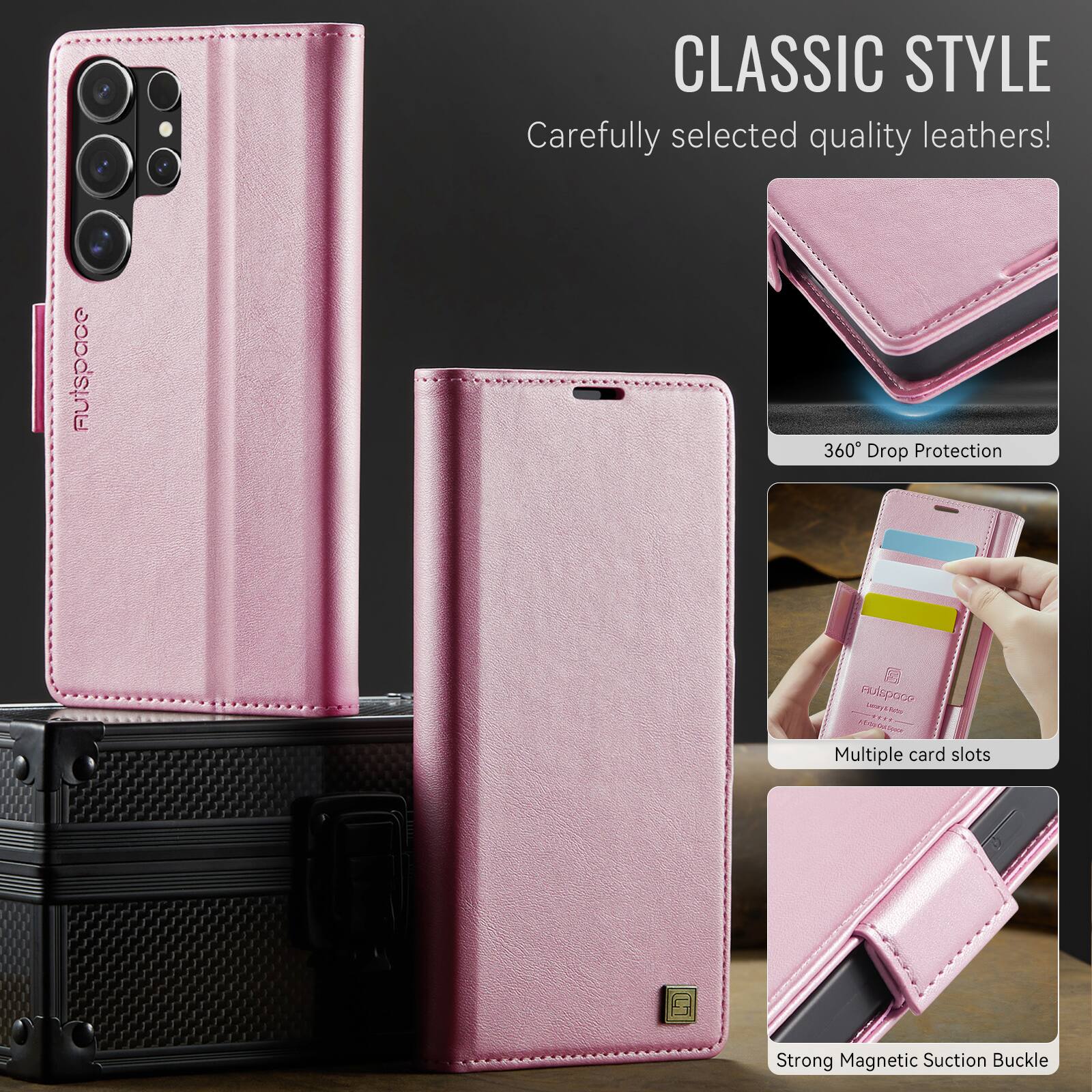 CLASSIC STYLE  
Carefully selected quality leathers!  

Auispace 360° Drop Protection  
Multiple card slots  
Strong Magnetic Suction Buckle