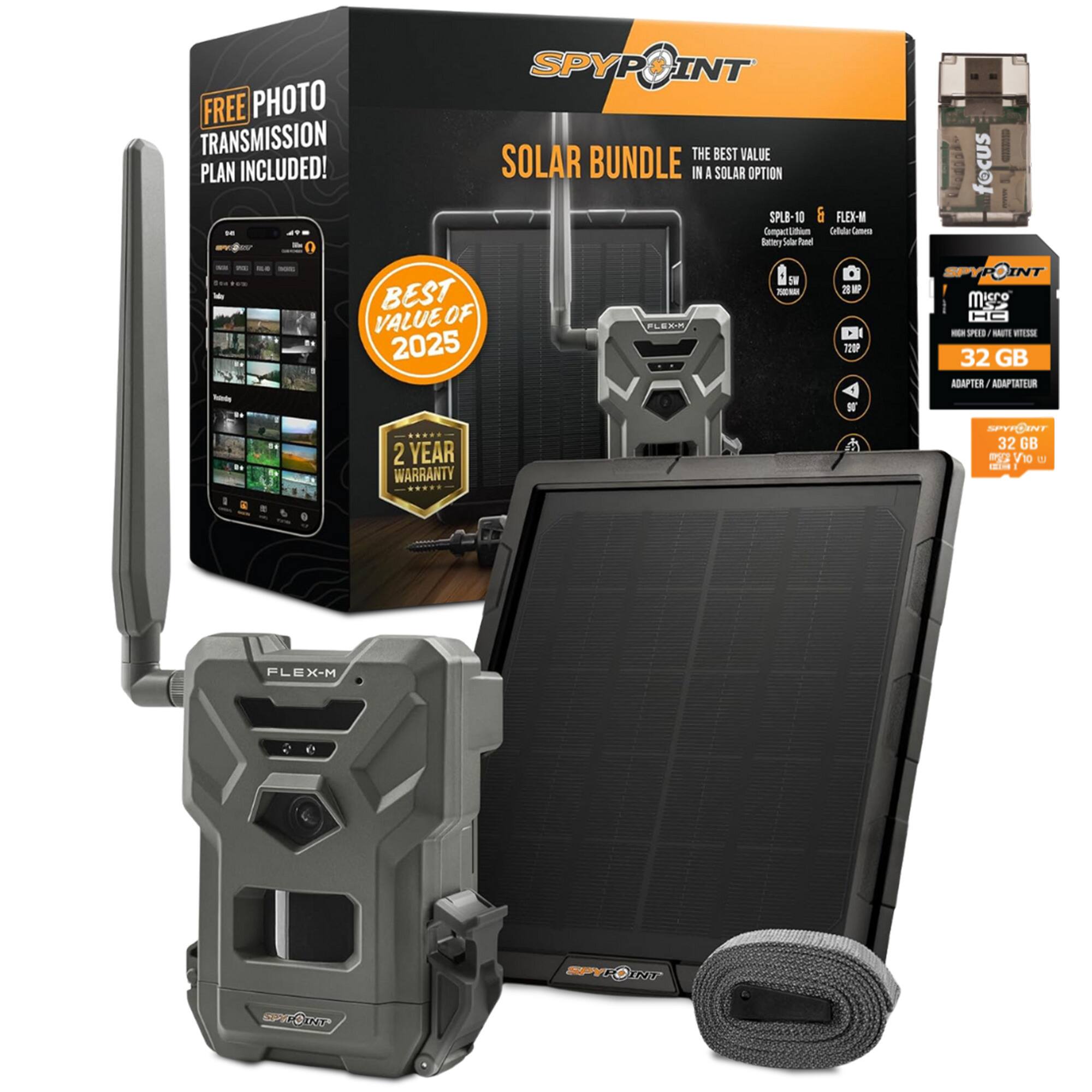 **SPYPOINT**

**SOLAR BUNDLE**

**THE BEST VALUE IN A SOLAR OPTION**

- SPLB-10
  - Compact Solar Edition
  - Battery Solar Panel
  - 24 MP
  - 7000mAh
  - 720P

- FLEX-M
  - Collapsible Camera

**FREE PHOTO TRANSMISSION PLAN INCLUDED!**

**BEST VALUE OF 2025**

**2 YEAR WARRANTY**

**32 GB ADAPTER / ADAPTATEUR**

**focus**

**32 GB**

**HIGH SPEED / HAUTE VITESSE**

**32 GB ADAPTER / ADAPTATEUR**

**SPYPOINT**

**FLEX-M**