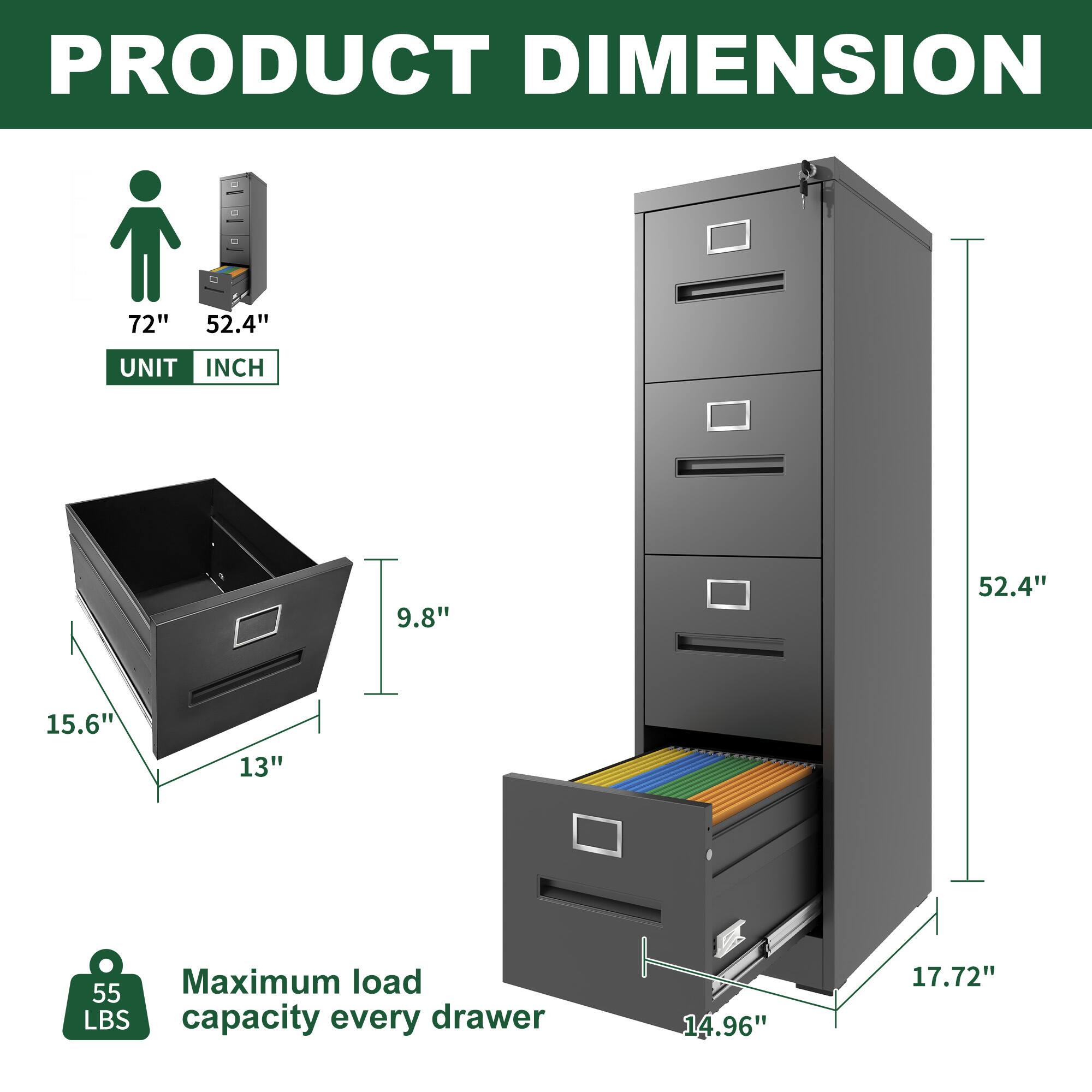 PRODUCT DIMENSION  
UNIT INCH  
72" 52.4"  
9.8" 52.4"  
15.6" 13"  
14.96" 17.72"  
Maximum load capacity every drawer 55 LBS