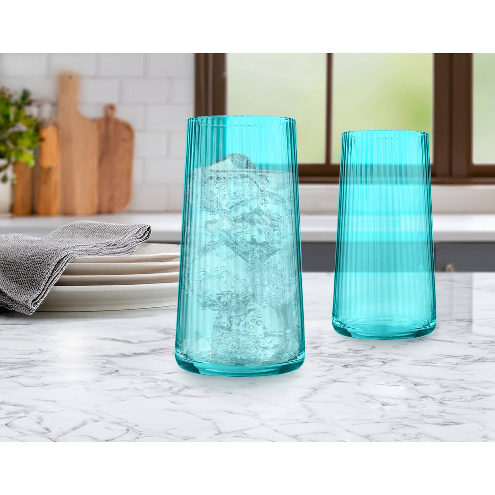 Angle. Artland - Artland Soho Optic 16-Piece Glassware Set, Turquoise (Champagne & Double Old Fashion) - Turquoise.