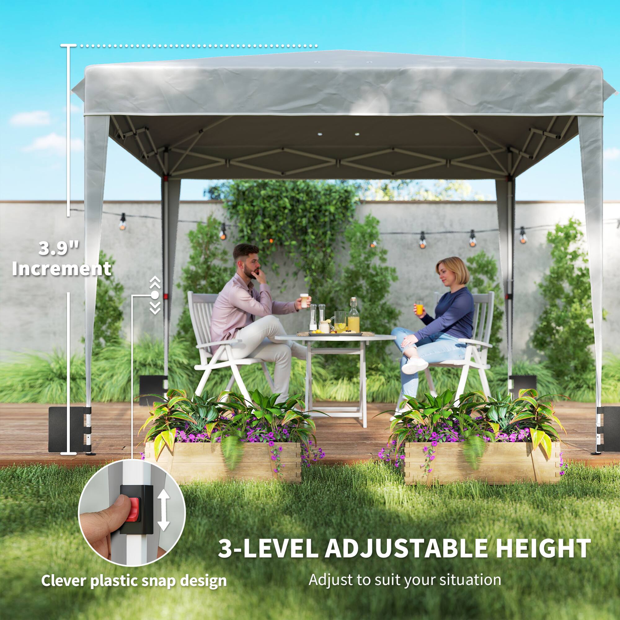 3.9" Increment  
3-LEVEL ADJUSTABLE HEIGHT  
Clever plastic snap design  
Adjust to suit your situation