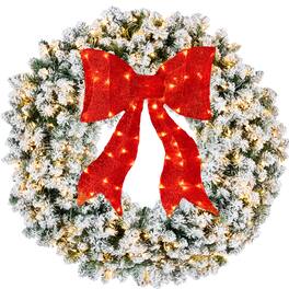 Best Choice Products - 48in Artificial Pre-Lit Fir Christmas Wreath Decor w/ Red Bow, 250 LED Lights, 714 Tips - Flocked