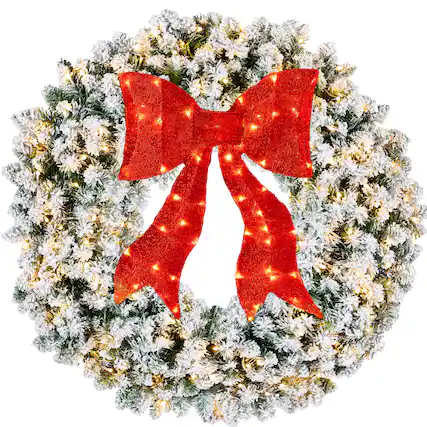 Front. Best Choice Products - Best Choice Products 48in Artificial Pre-Lit Flocked Fir Christmas Wreath Decor w/ Red Bow, 250 LED Lights, 714 Tips - Flocked.