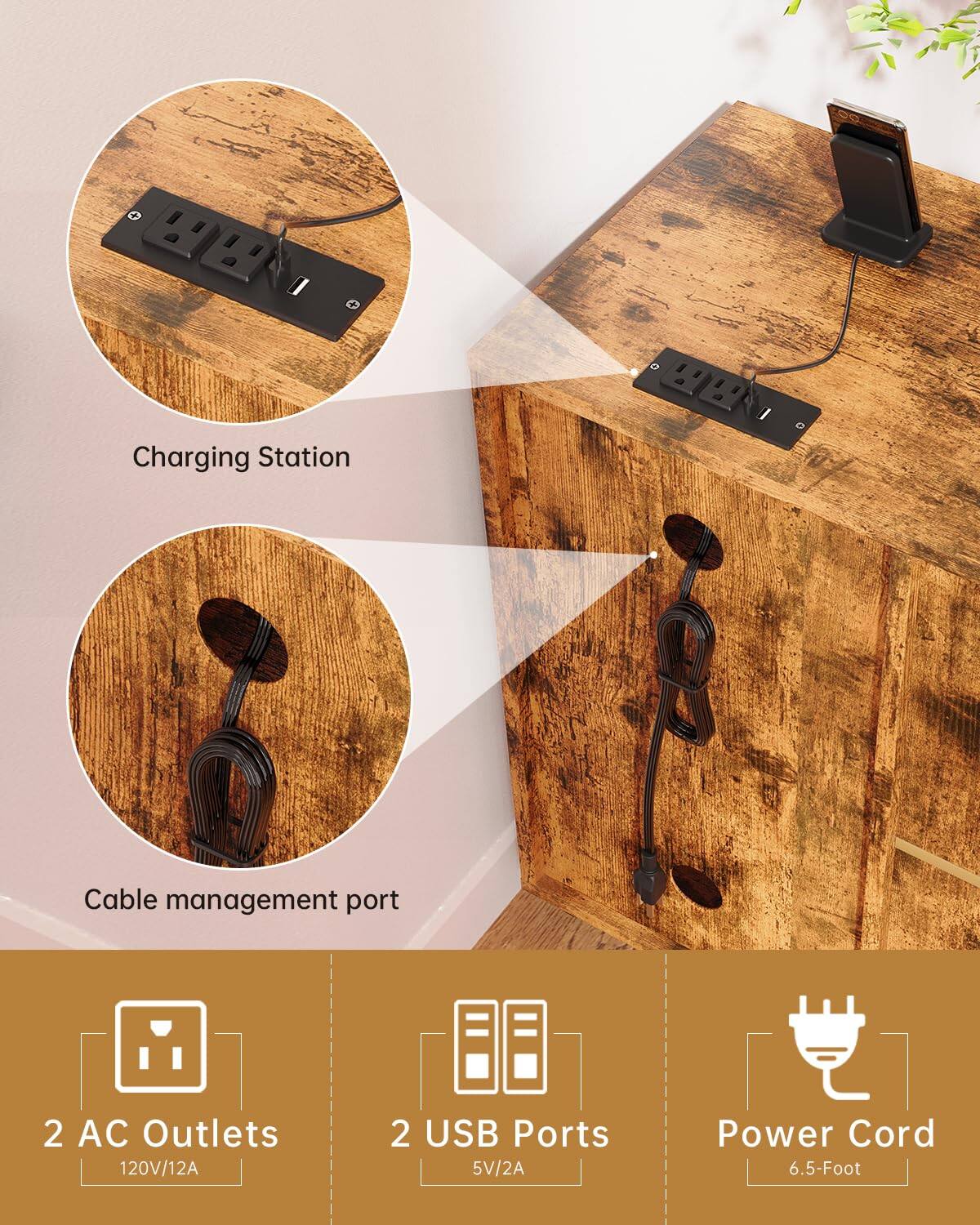 D I O Charging Station  
Cable management port  
2 AC Outlets 120V/12A  
2 USB Ports 5V/2A  
Power Cord 6.5-Foot