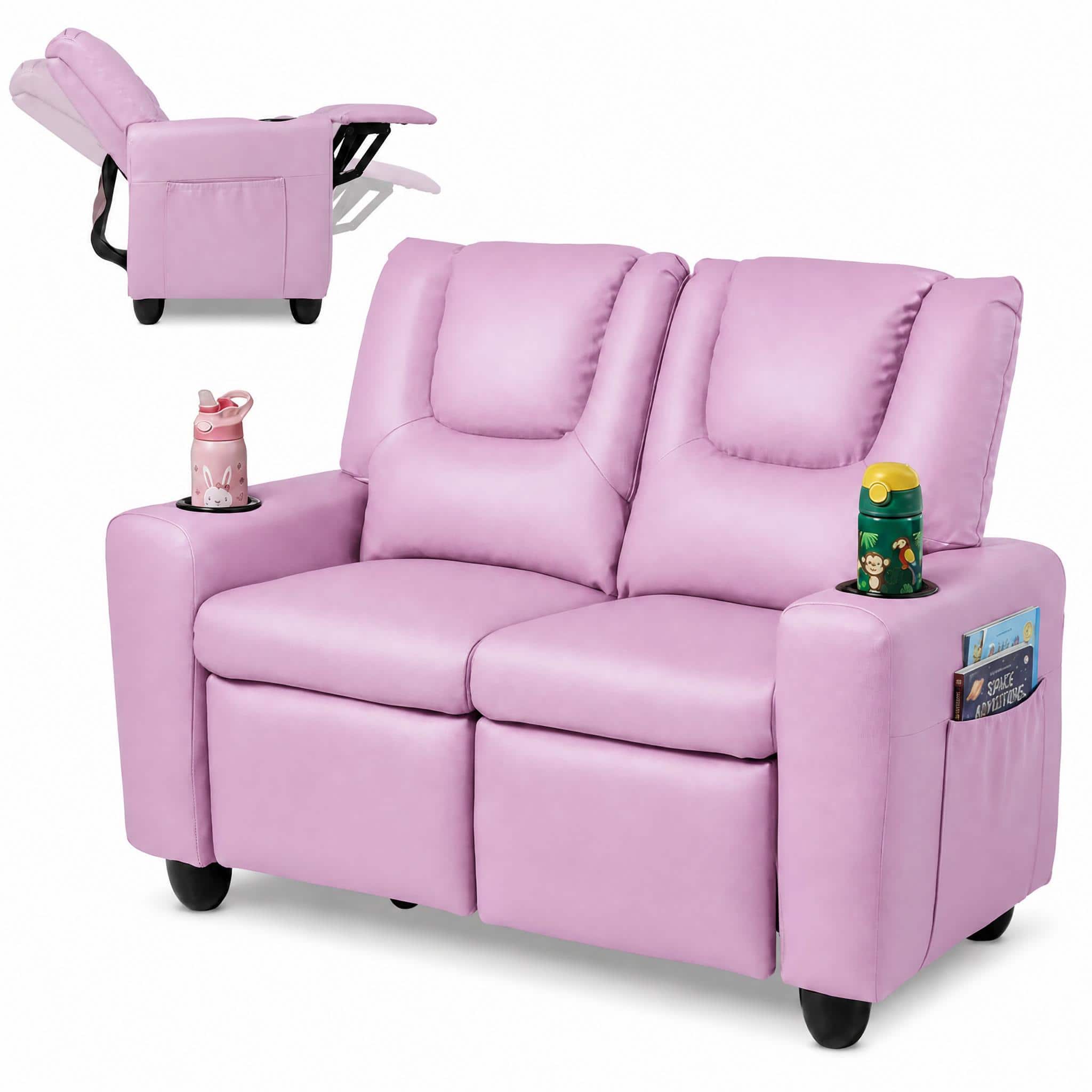 Costway - 2-Seater Kids Recliner with Cup Holders Side Storage Pockets Adjustable Backrest - Pink