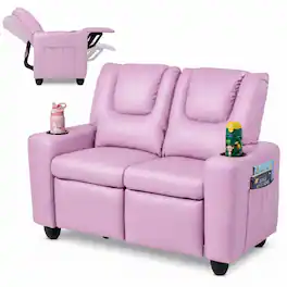 Costway - 2-Seater Kids Recliner with Cup Holders Side Storage Pockets Adjustable Backrest - Pink