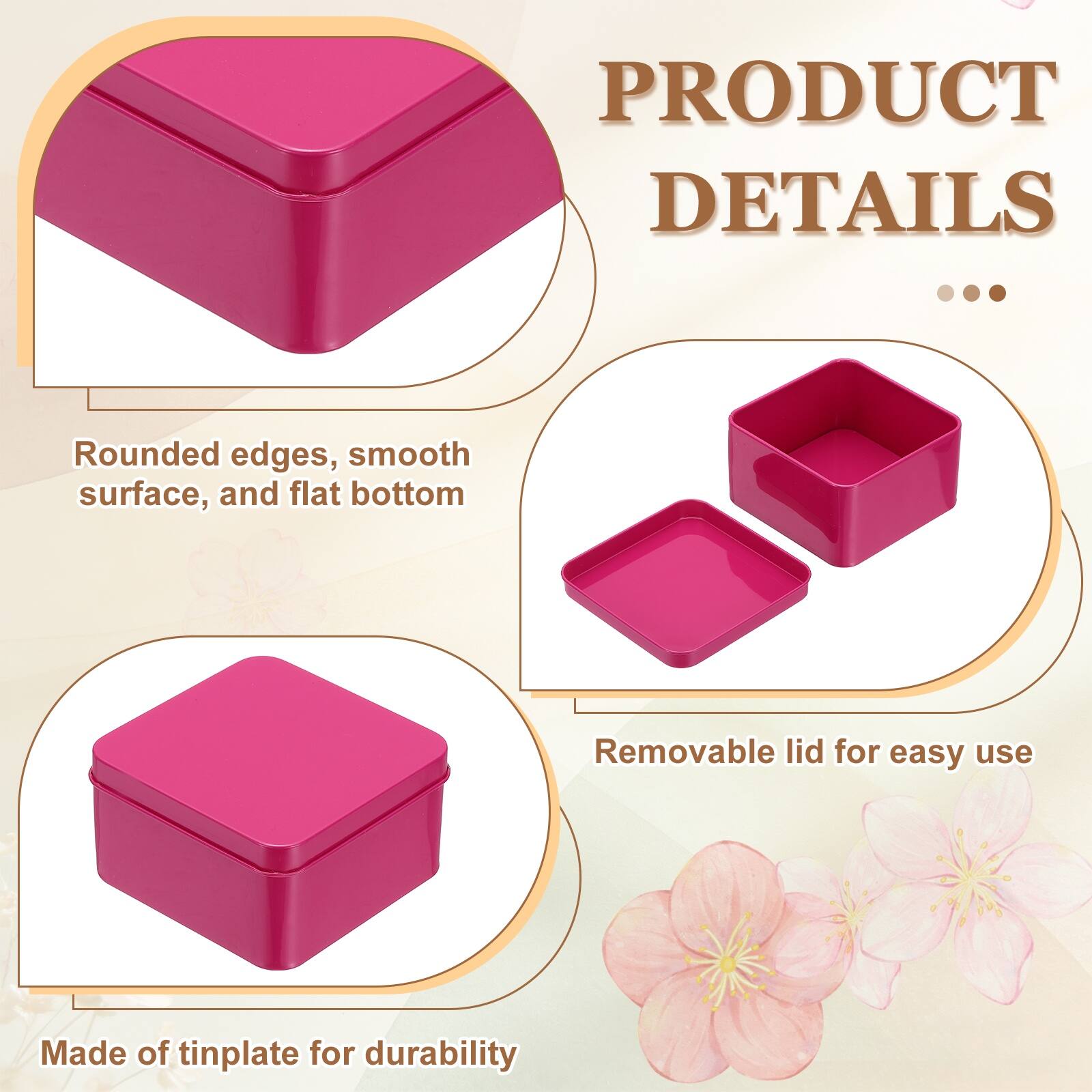 PRODUCT DETAILS

- Rounded edges, smooth surface, and flat bottom
- Removable lid for easy use
- Made of tinplate for durability