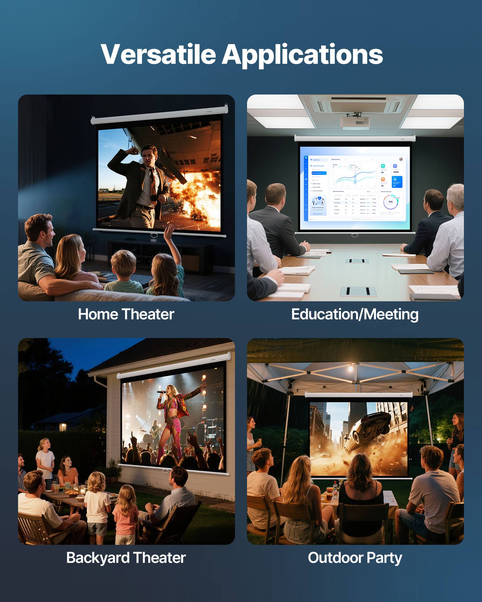 Versatile Applications

- Home Theater
- Education/Meeting
- Backyard Theater
- Outdoor Party