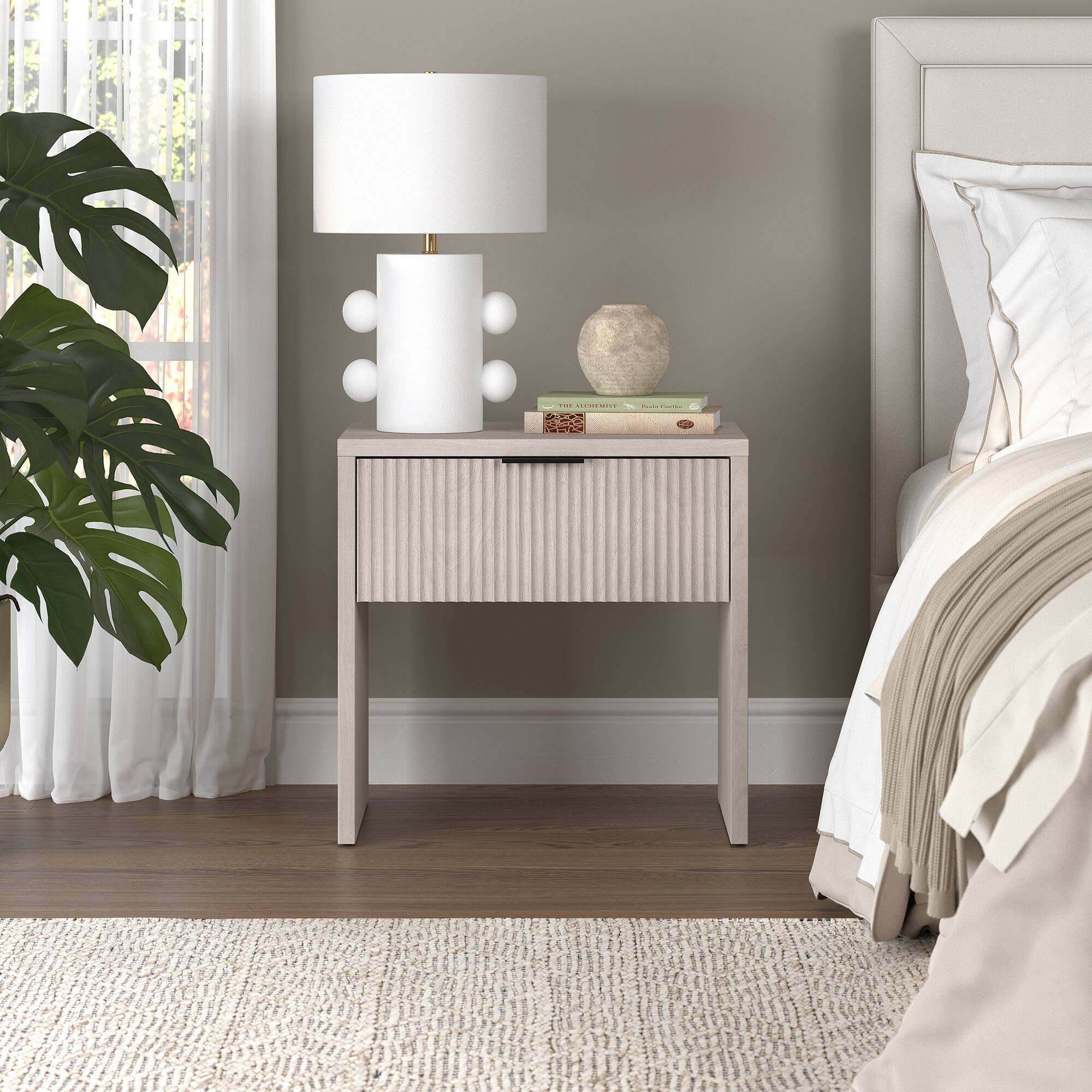 Alt View 3. Hudson&Canal - Kenslow 24" Wide Rectangular Fluted Nightstand in Alder White - White.