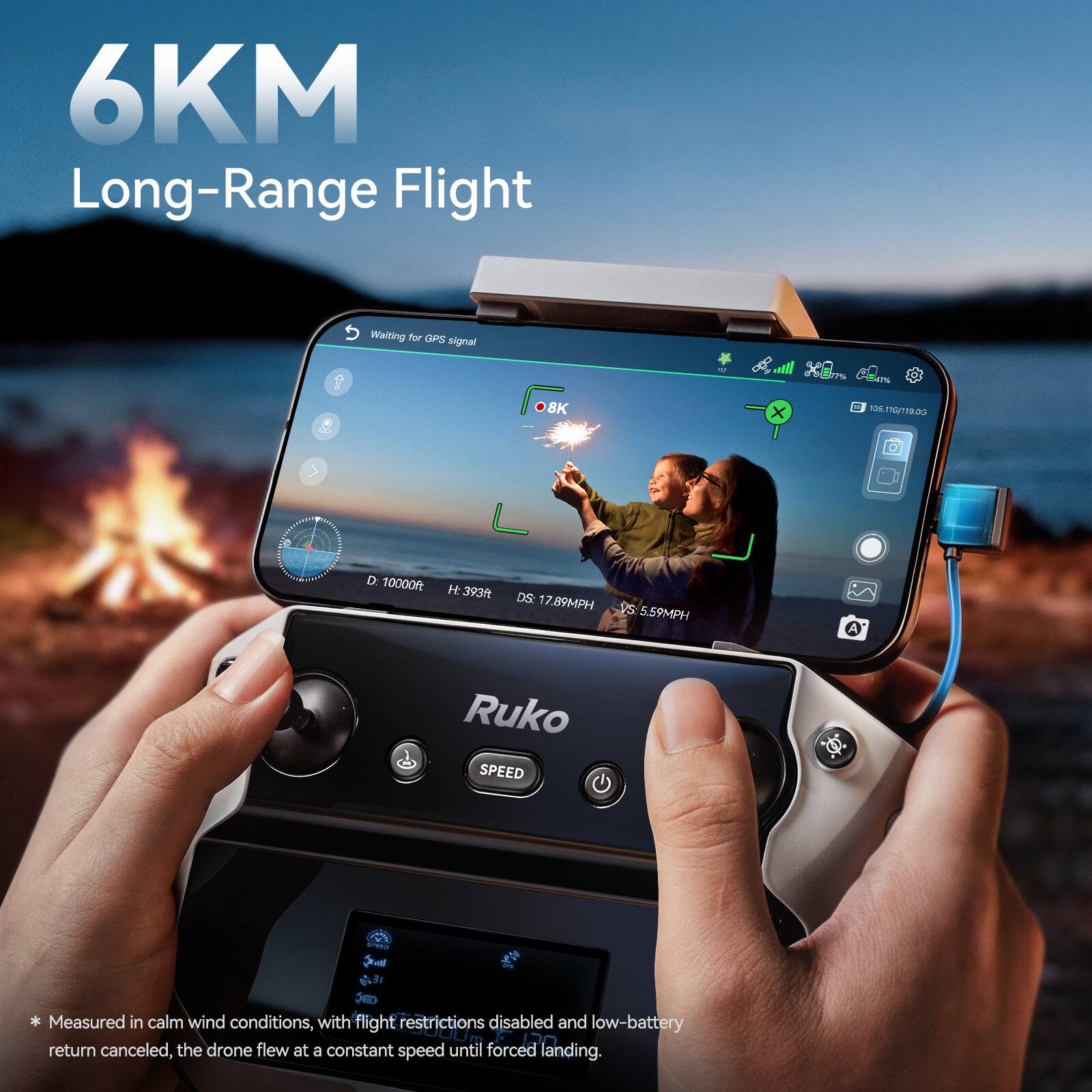 6KM Long-Range Flight

Waiting for GPS signal

D: 10000ft  
H: 393ft  
DS: 17.89MPH  
VS: 5.59MPH  
Ruko SPEED

*Measured in calm wind conditions, with flight restrictions disabled and low-battery return canceled, the drone flew at a constant speed until forced landing.