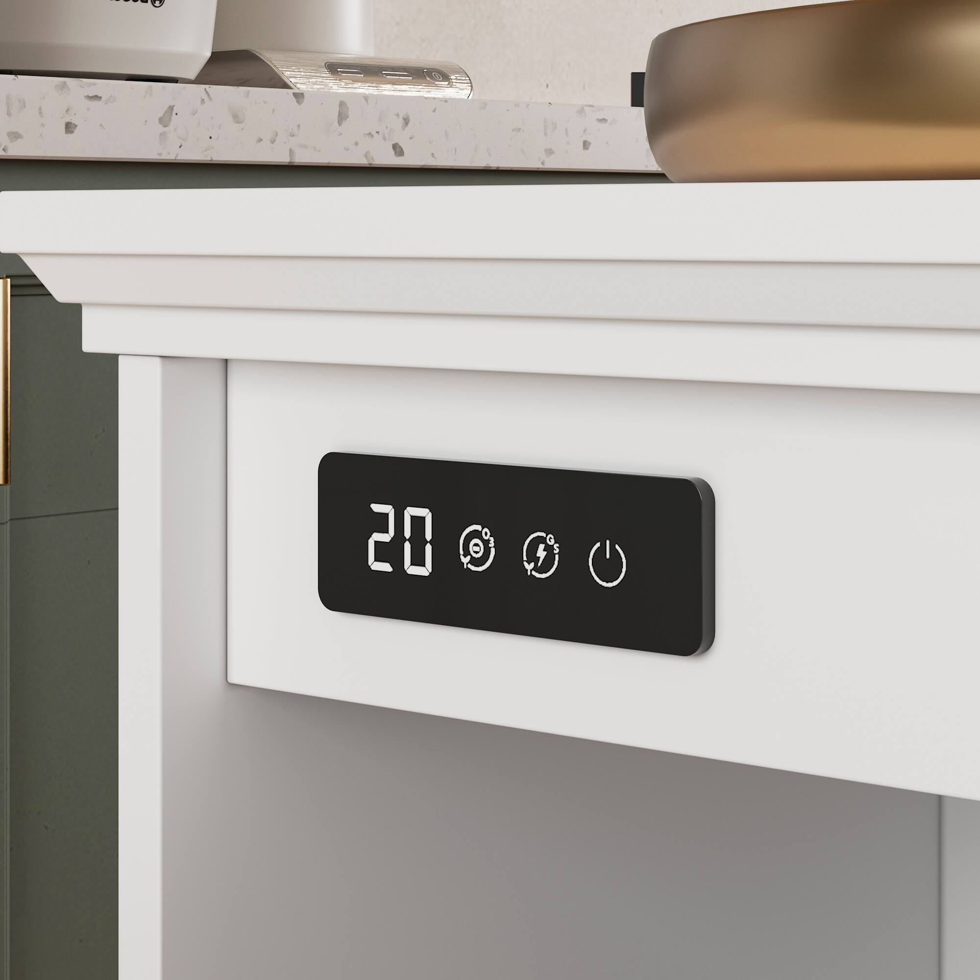 Back. Famapy - 20-Gallon Dual Trash Cabinet with Ozone Odor Control, Tilt-Out Double Garbage Bin, Wooden Kitchen Deodorizing Cabinet - White.