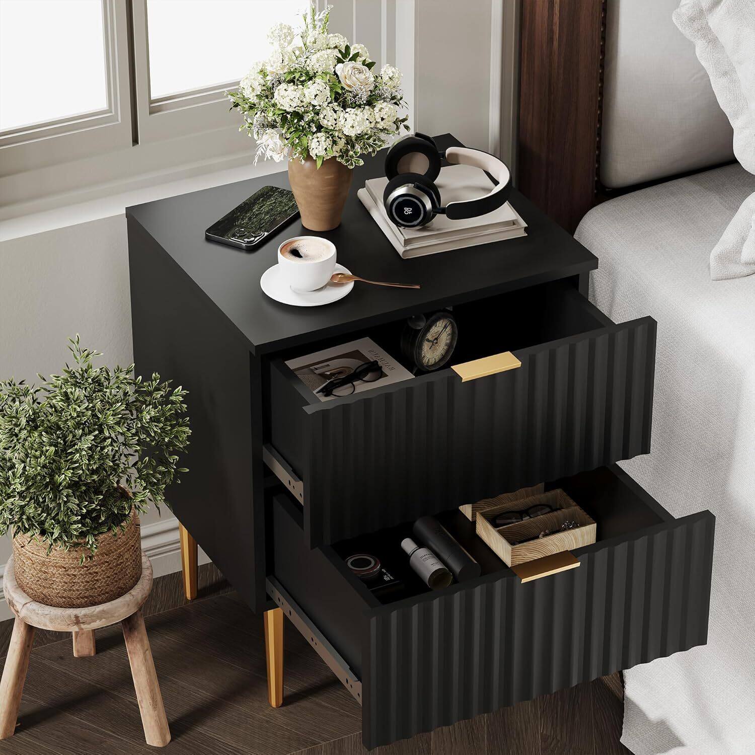 Back. GARVEE - Modern Nightstand with 2 Drawers, Golden and Wood Fluted Night Stand， Bedside Table with USB Ports and Outlets, White - Black.