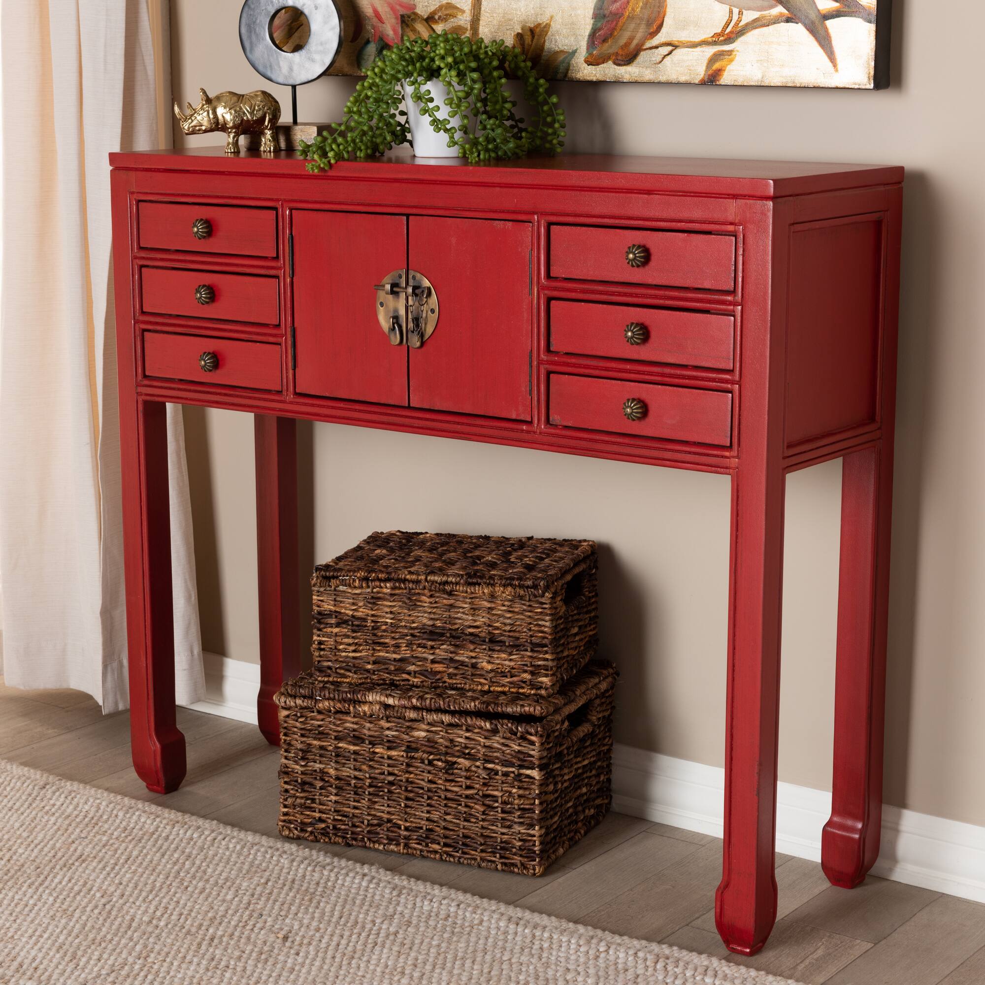 Alt View 4. Baxton Studio - Melodie Classic and Antique Finished Wood Bronze Finished Accents 6-Drawer Console Table - Red.