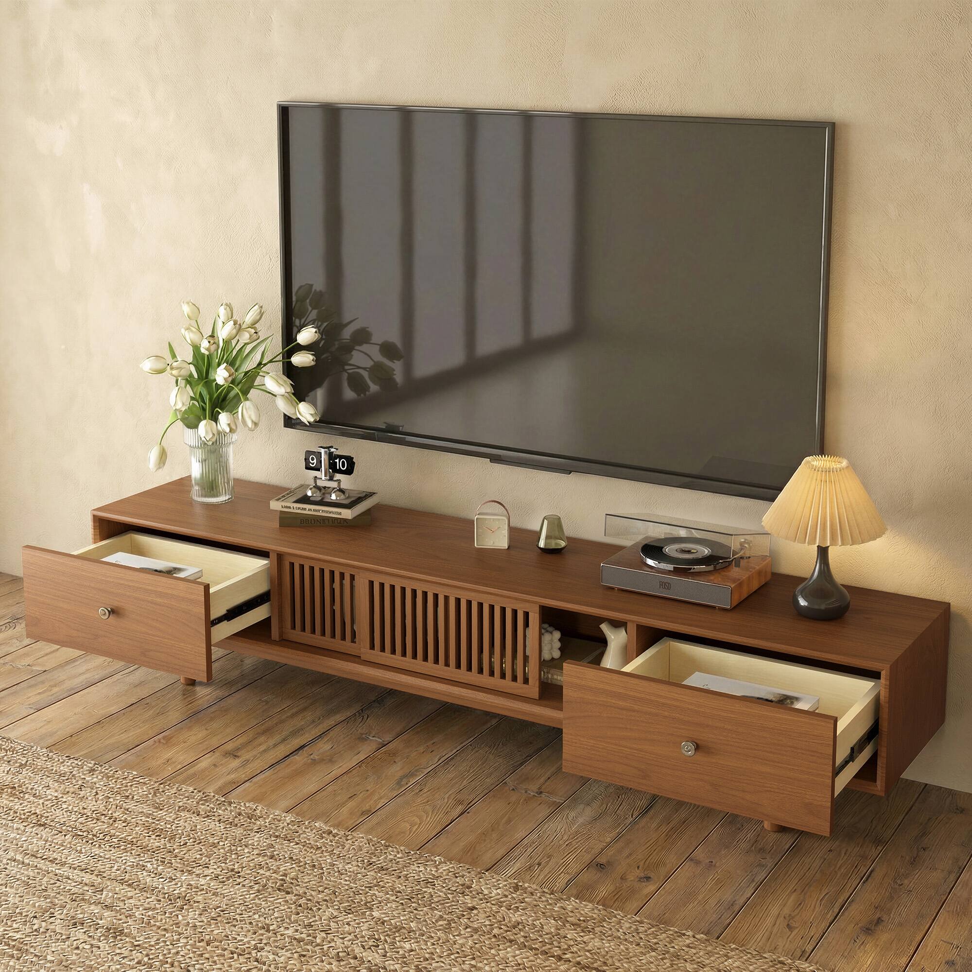 Left. luck idea - Mid-Century Modern 78.7" TV Stand, 2 Storage Drawers, Cable Management Port & Solid Wood Legs - Walnut Color.