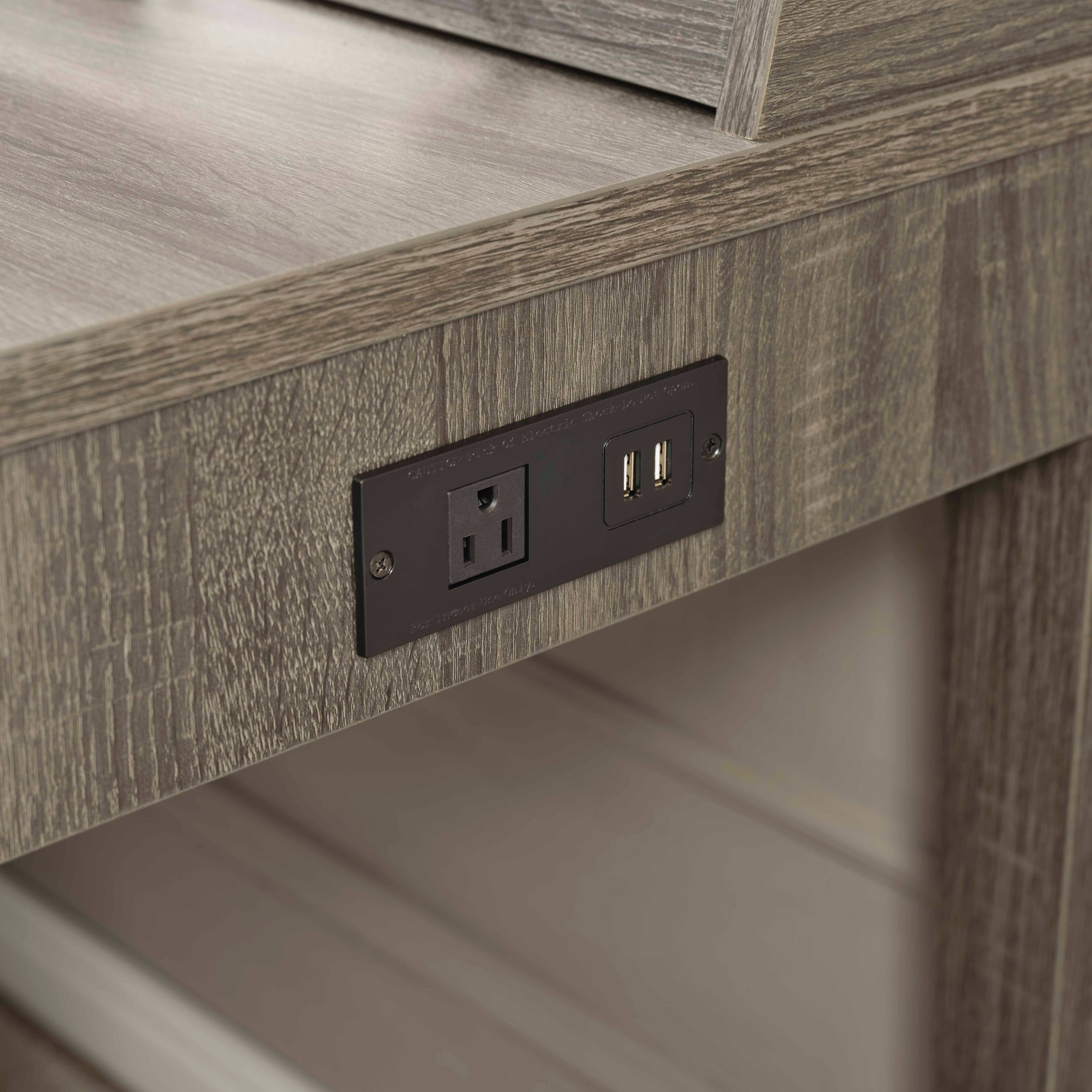 Back. TinyHomie - L-shaped workstation home office desk grey mini hutch return credenza sliding door aluminum metal hardware - Grey.