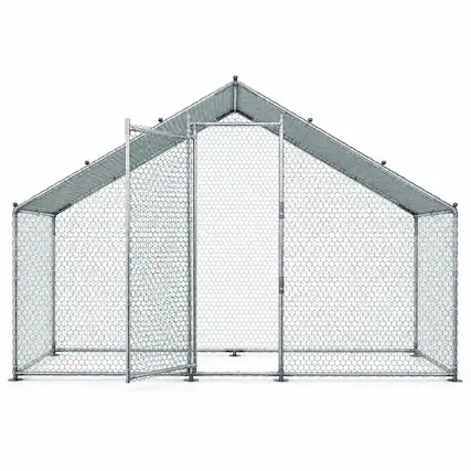 Front. RYHNUYNE - Large Metal Chicken Coop, 9.8 x 3.3 x 6.6 ft Walk-in Run, Waterproof Cover, Spire Roof, Outdoor Backyard.