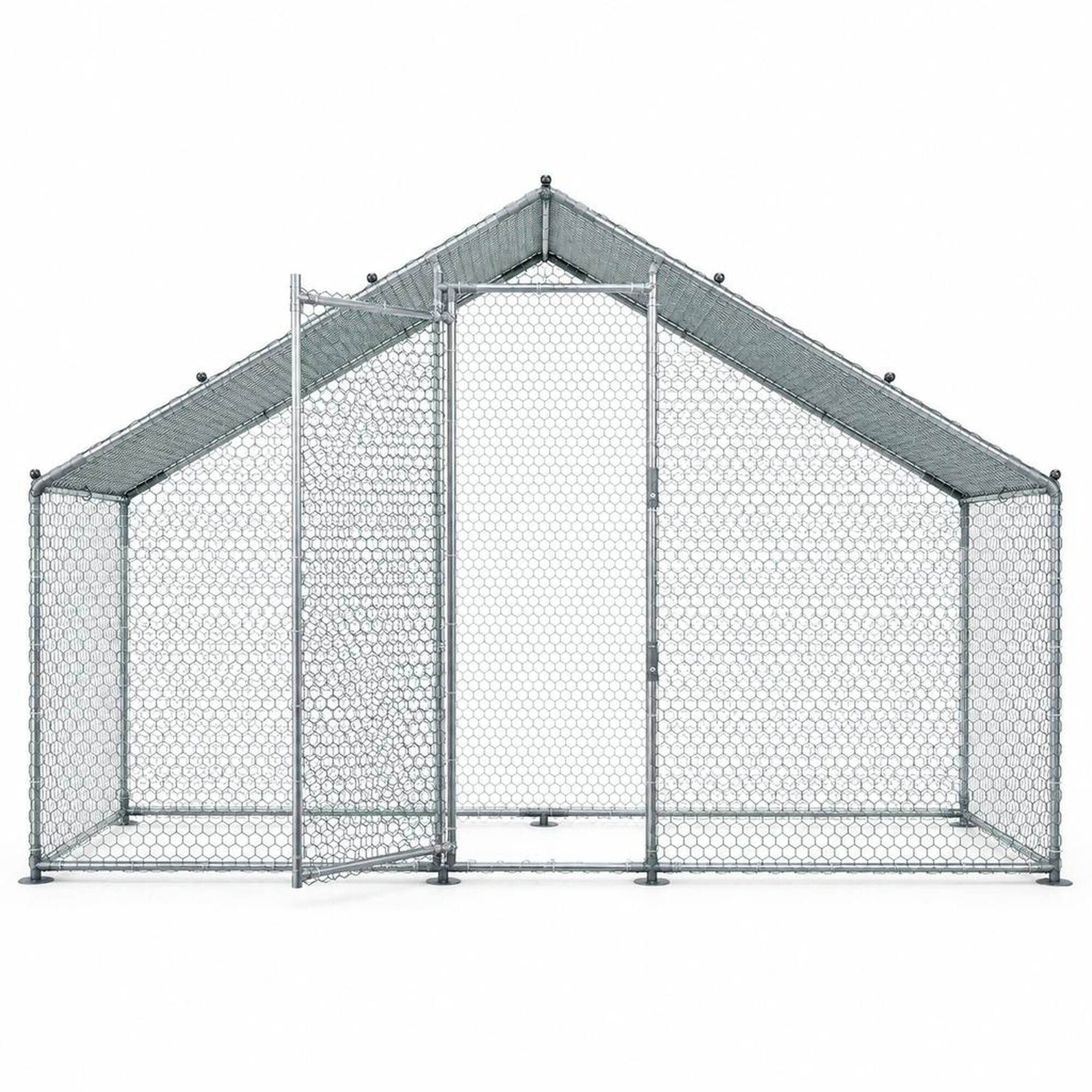 Front. RYHNUYNE - Large Metal Chicken Coop, 9.8 x 3.3 x 6.6 ft Walk-in Run, Waterproof Cover, Spire Roof, Outdoor Backyard.