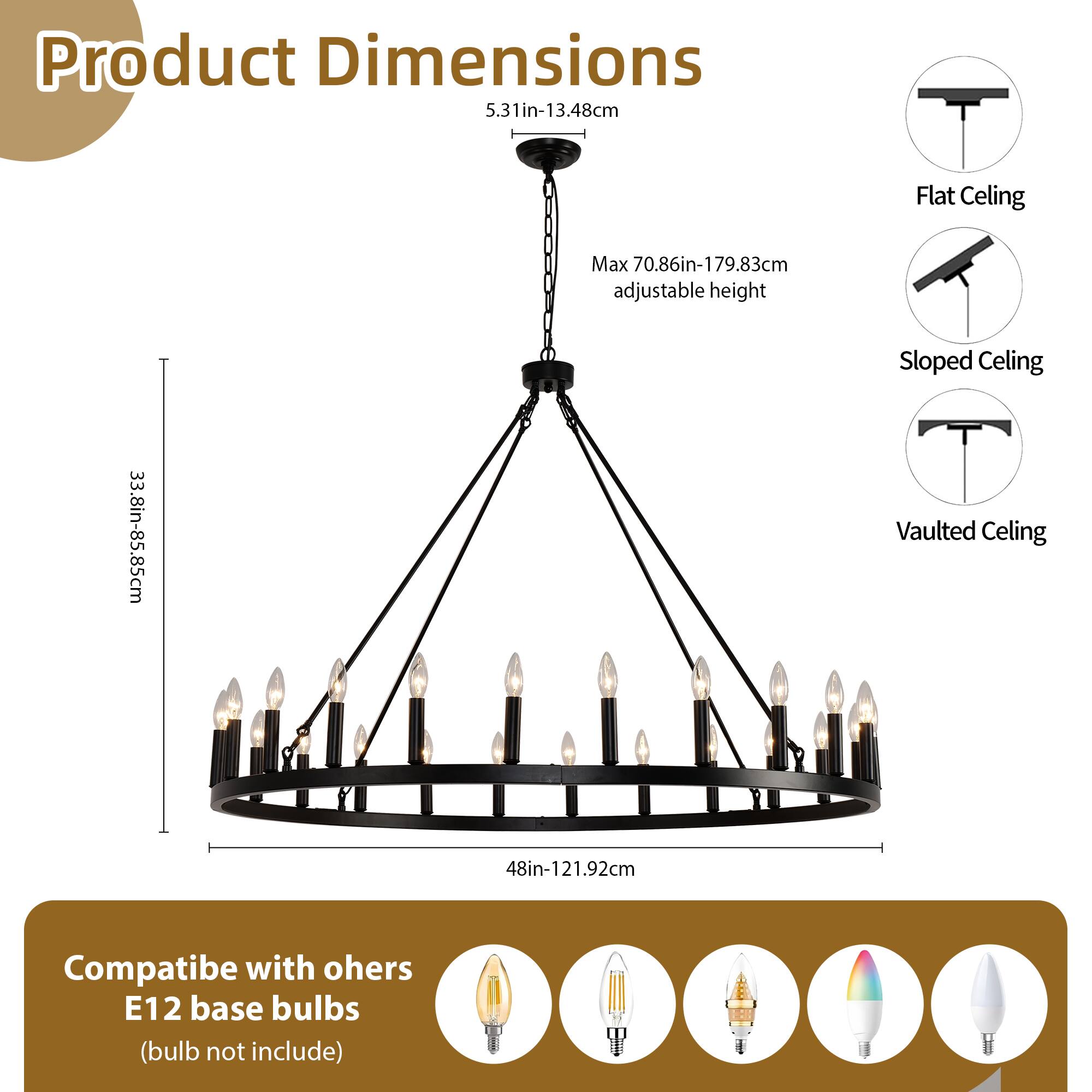 Alt View 1. RYHNUYNE - 48" Farmhouse Wagon Wheel Chandelier 24-Light Round Large Pendant Light Fixture Black Metal Chandelier for Porch Barn - Black.