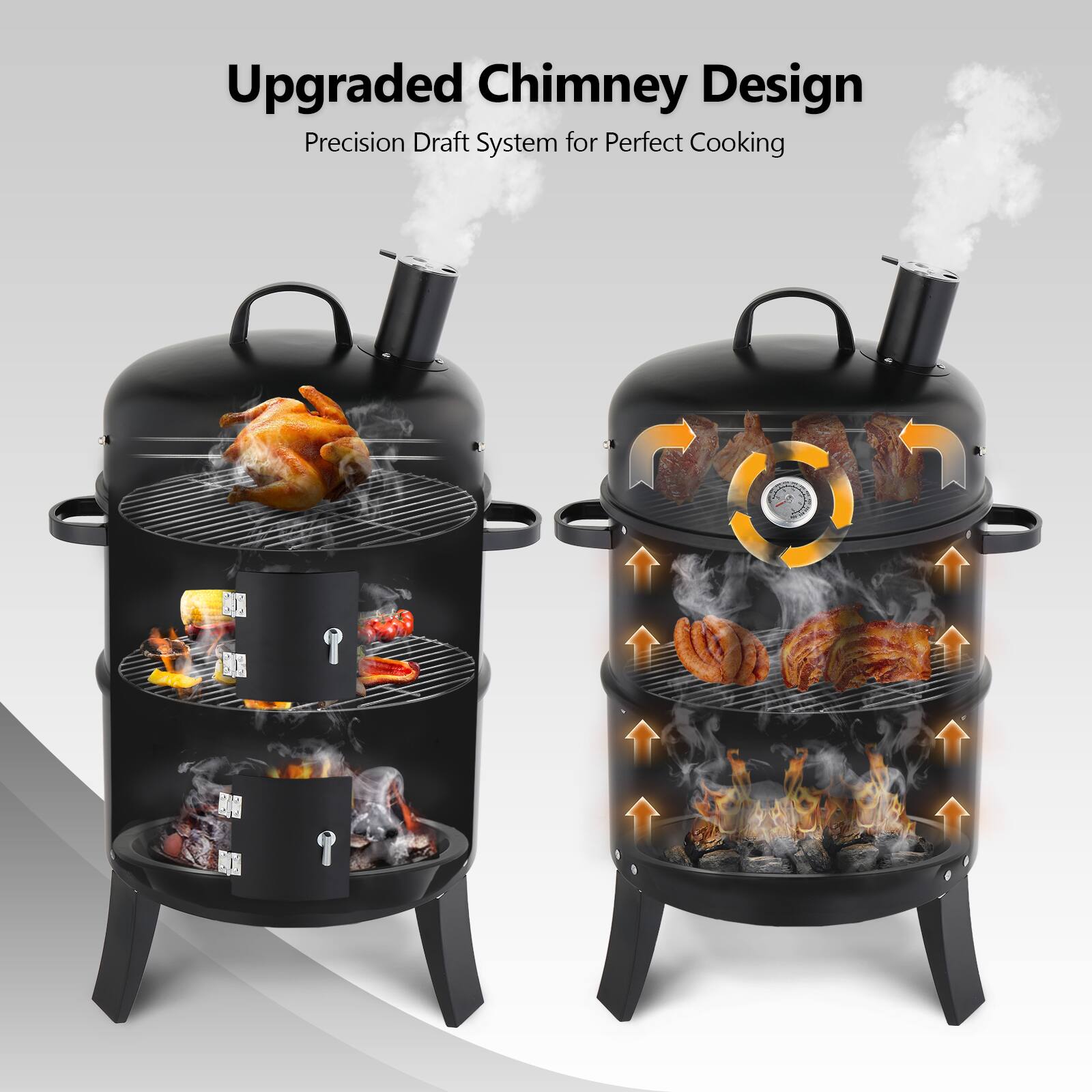 Upgraded Chimney Design  
Precision Draft System for Perfect Cooking