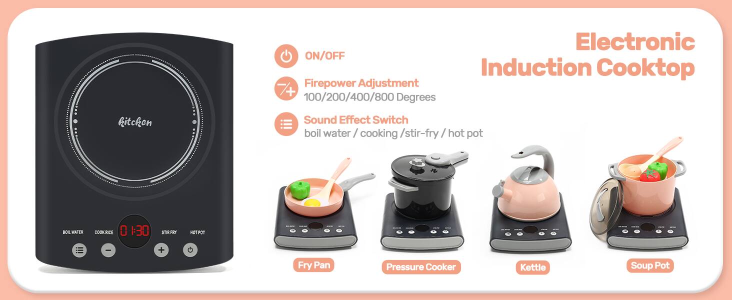 Electronic Induction Cooktop

- ON/OFF
- Firepower Adjustment: 100/200/400/800 Degrees
- Sound Effect Switch: boil water / cooking / stir-fry / hot pot

kitchen

- BOIL WATER
- COOK RICE
- STIR FRY
- HOT POT

1
+
-
+
Fry Pan
Pressure Cooker
Kettle
Soup Pot