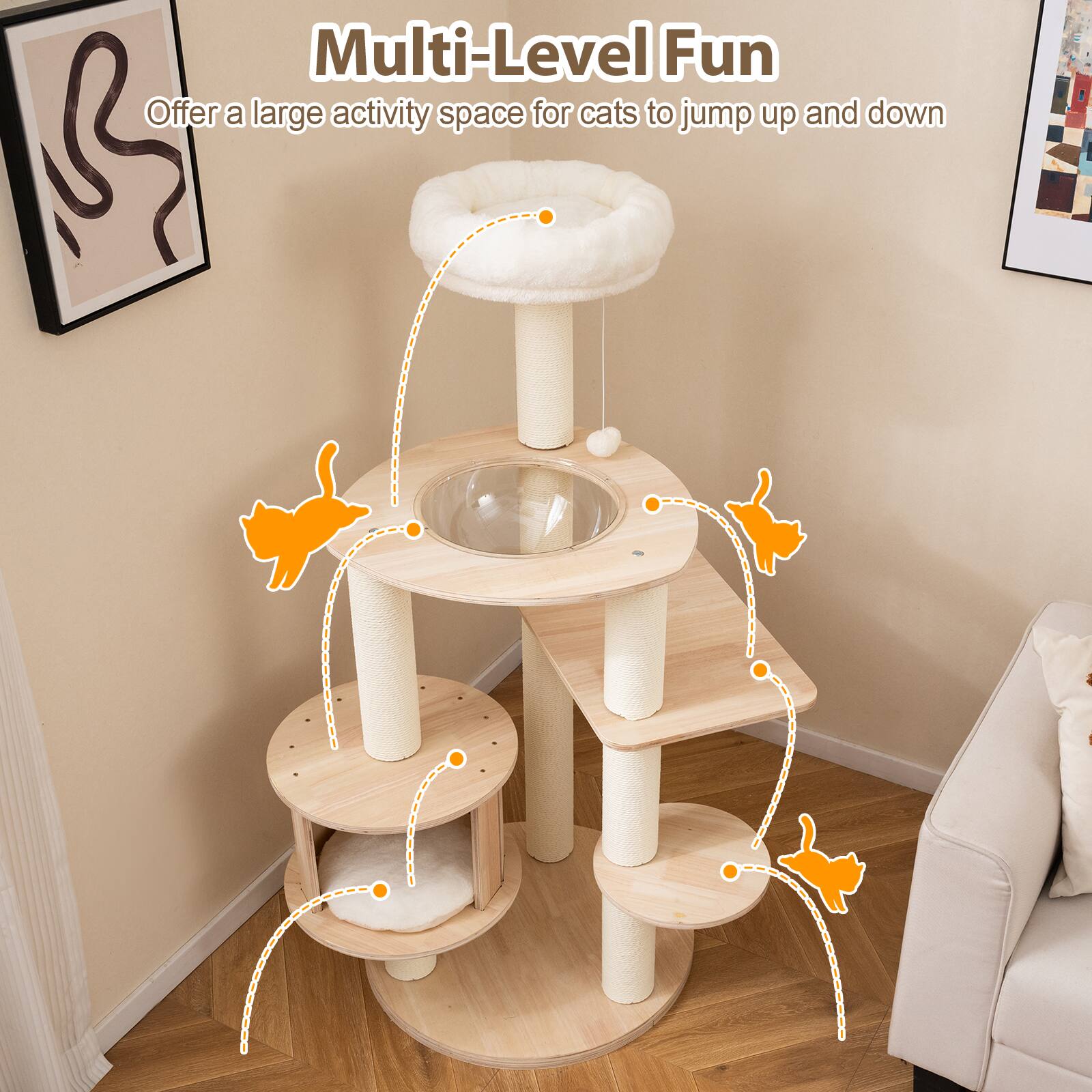Multi-Level Fun  
Offer a large activity space for cats to jump up and down