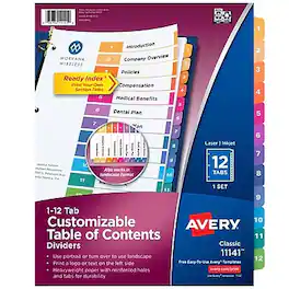 Avery - Ready Index Table of Contents Pre-Printed Numeric Paper Divider, 12 Tabs, 1 Set - Multicolor
