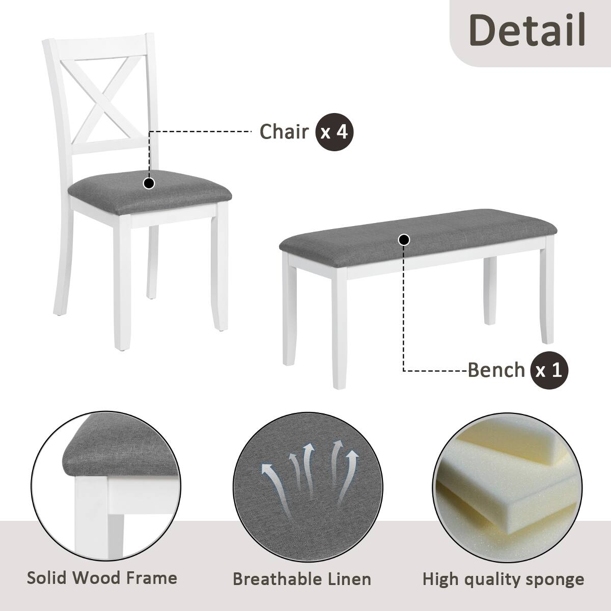 Detail  
Chair X 4  
Bench X 1  
Solid Wood Frame  
Breathable Linen  
High quality sponge