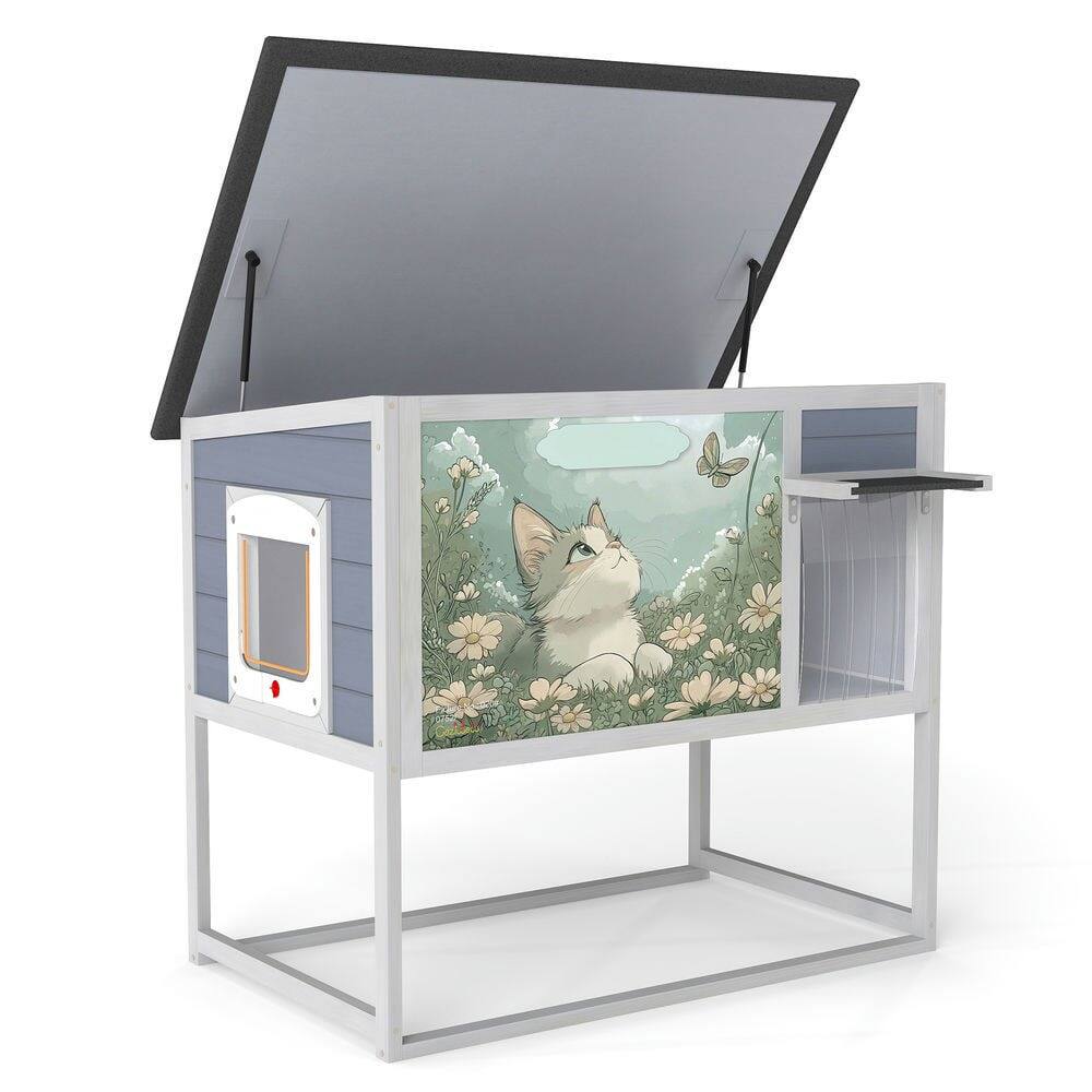 Alt View 6. Resenkos - Resenkos Elevated Cat Shelter, Weatherproof Feral Home With High Legs, Curtained & Escape Door, Openable Top, Gray.