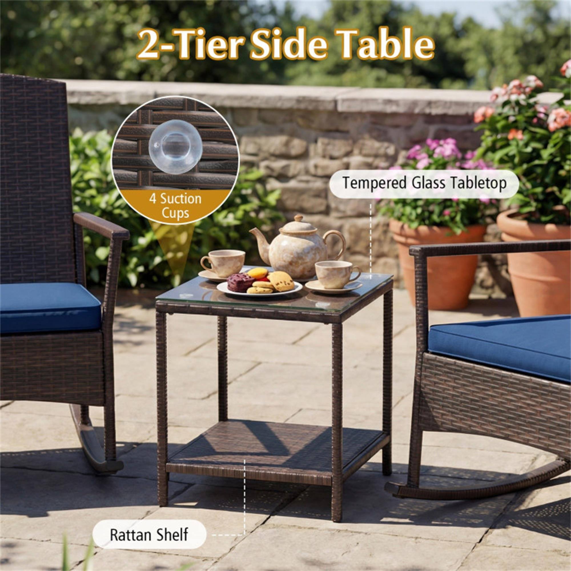 2-Tier Side Table  
4 Suction Cups  
Tempered Glass Tabletop  
Rattan Shelf