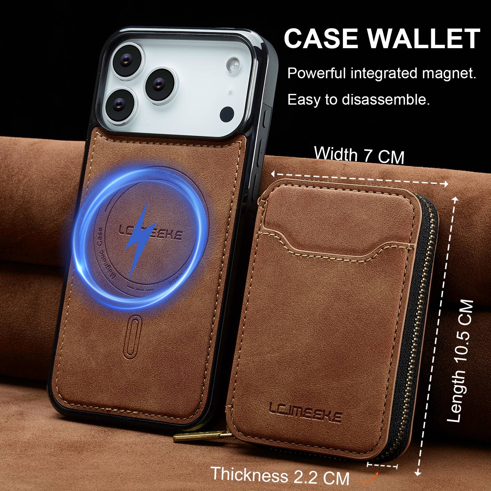 CASE WALLET  
Powerful integrated magnet.  
Easy to disassemble.  

Width 7 CM  
Length 10.5 CM  
Thickness 2.2 CM