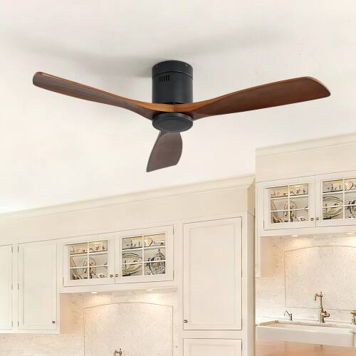 Back. LUCKY ONE - 52" Wood Ceiling Fan No Light Remote 3 Solid Wood Blades DC Motor - Black.