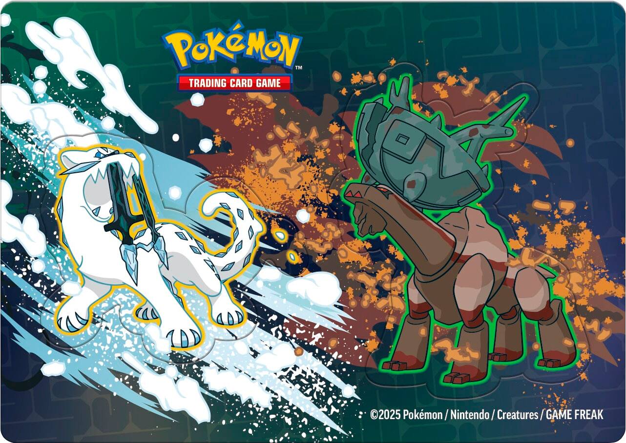 Pokemon is the brand name for a popular video game franchise, and the trading card game is a spin-off product that allows players to collect and trade cards featuring various Pokemon characters. The image features two Pokemon cards, one with a white dog and the other with a brown horse. The cards are displayed on a blue background, and the image is likely promoting the Pokemon trading card game.
