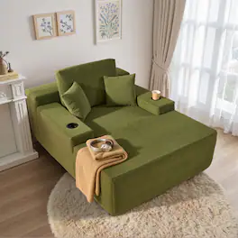 Ovios - 67'' Fluffy Chaise Lounge Chair, Sofa Bed with Cup Holders, Sleeper Couch for Living Room - Green(Sherpa)