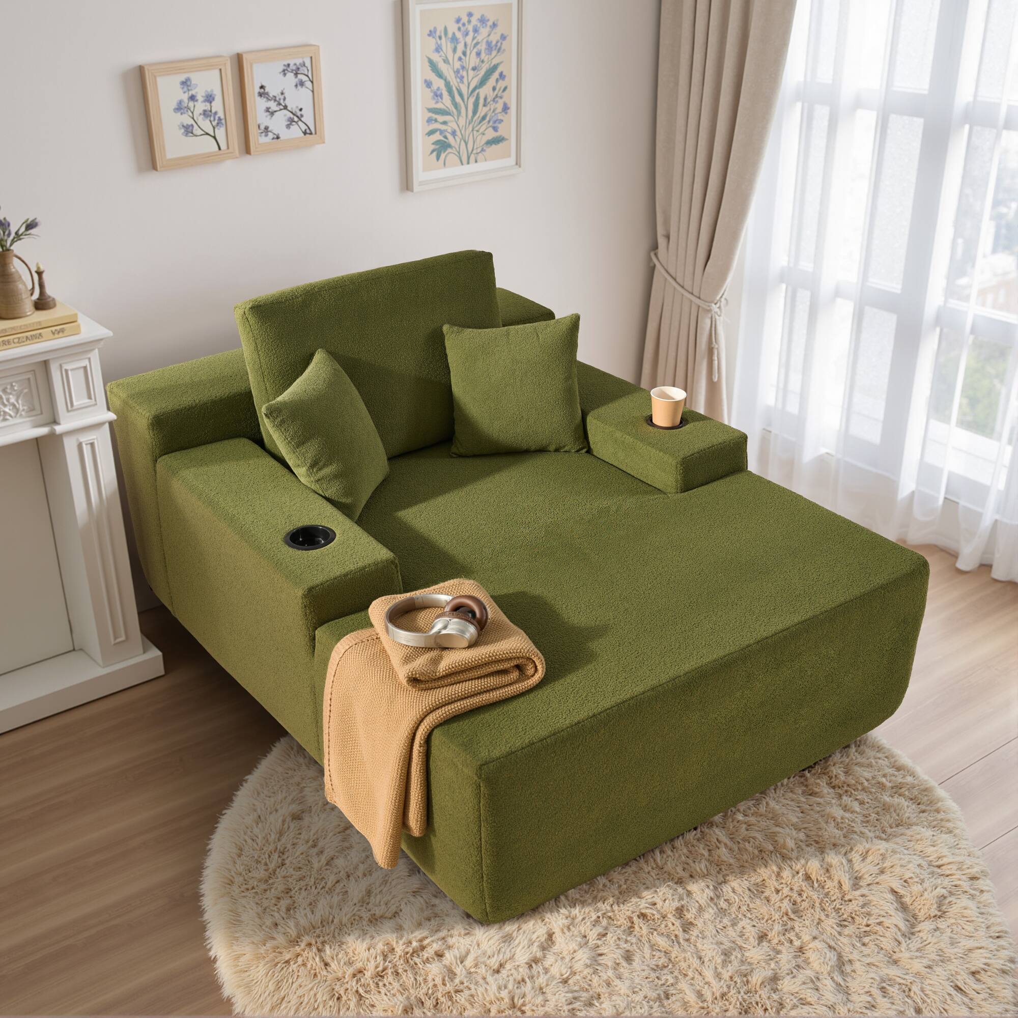Front. Ovios - 67'' Fluffy Chaise Lounge Chair, Sofa Bed with Cup Holders, Sleeper Couch for Living Room - Green(Sherpa).