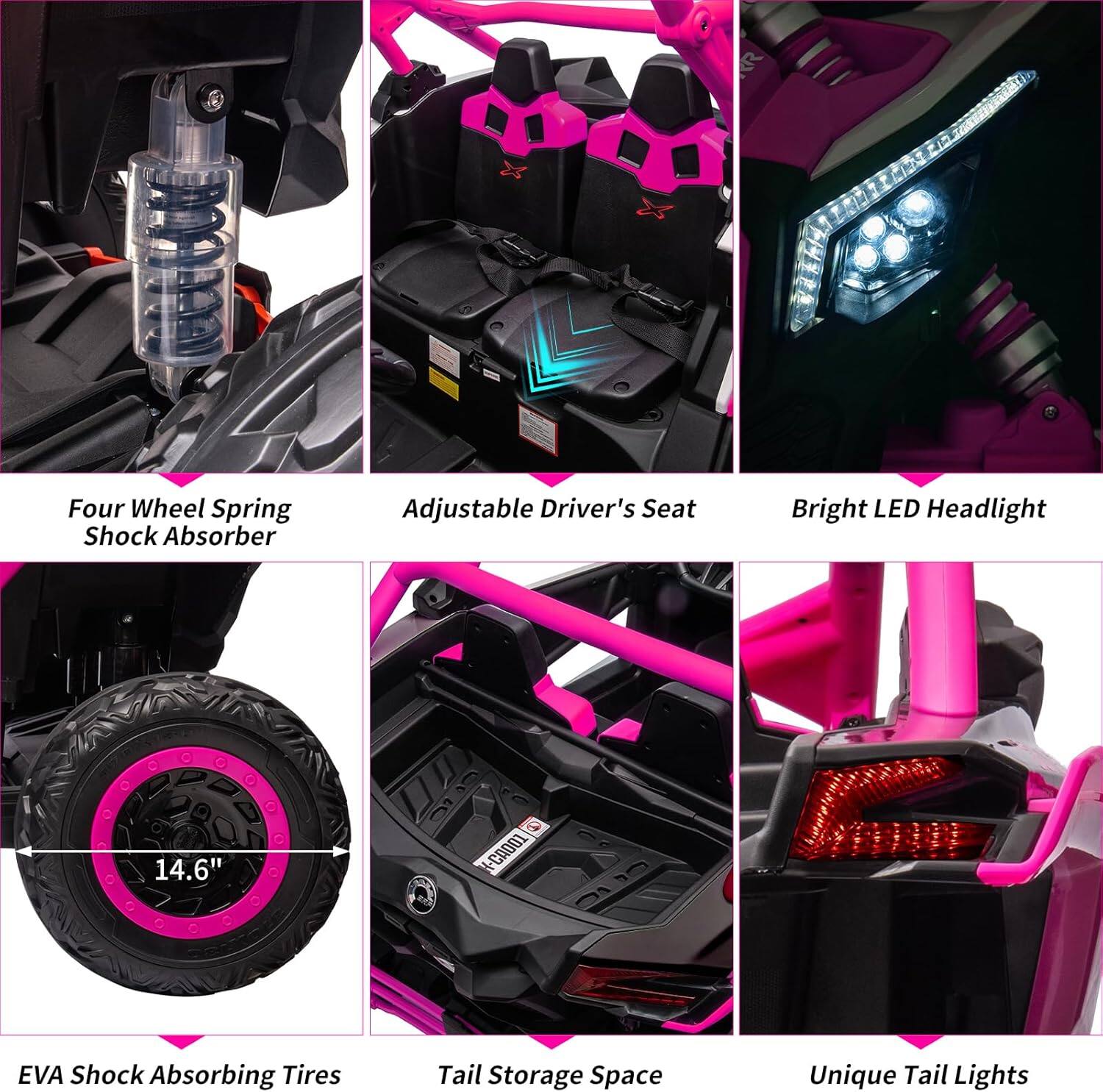 Four Wheel Spring Shock Absorber  
Adjustable Driver's Seat  
Bright LED Headlight  
14.6"  
EVA Shock Absorbing Tires  
Tail Storage Space  
Unique Tail Lights