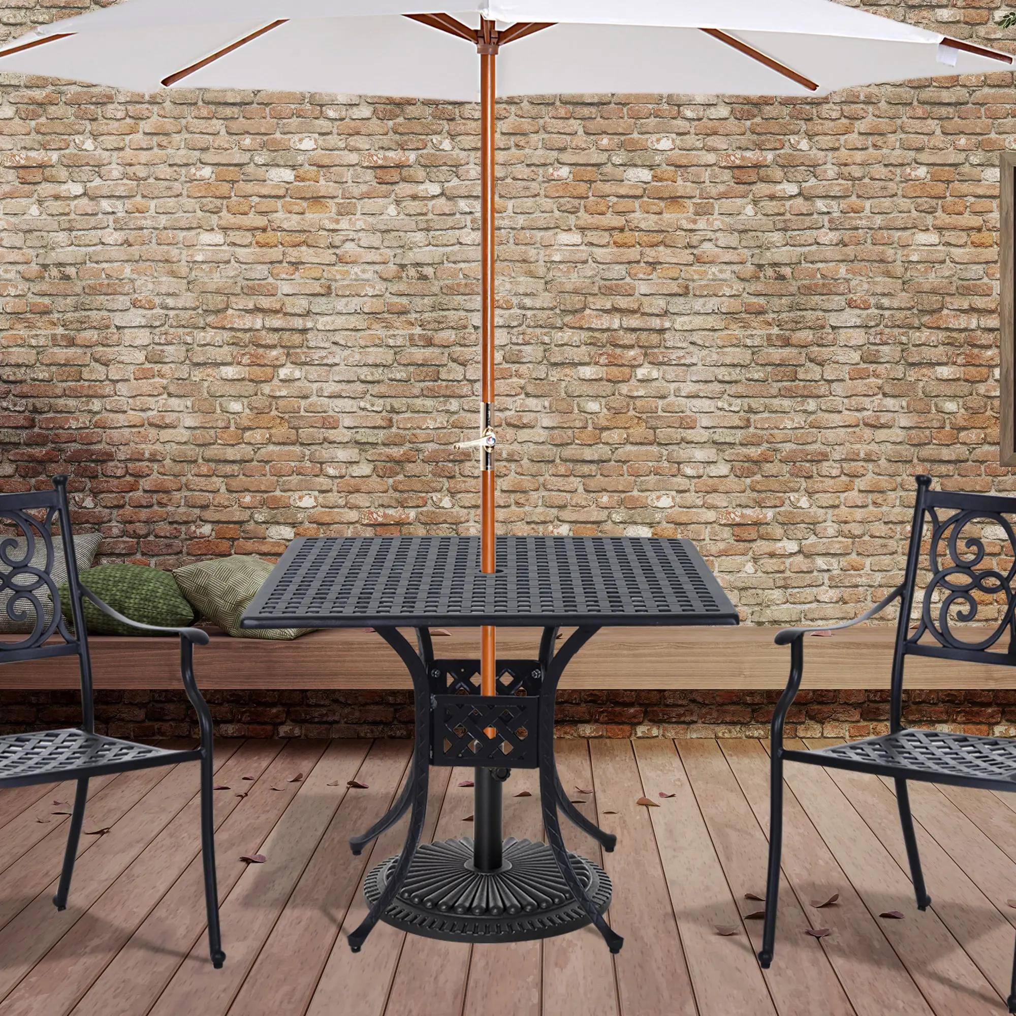 Back. Resenkos - Resenkos Square Patio Dining Table, Umbrella Hole, Outdoor Bistro Table, Cast Aluminum, Black - Black.