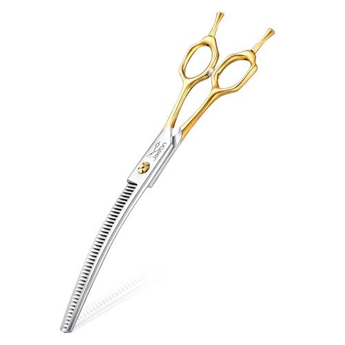 Front. Vulpecula Spade - Curved Thinner Dog Scissors - Ergonomic Updated Dog Grooming Scissors Sharp Curved Blender Dog Shears 440C Stainless.