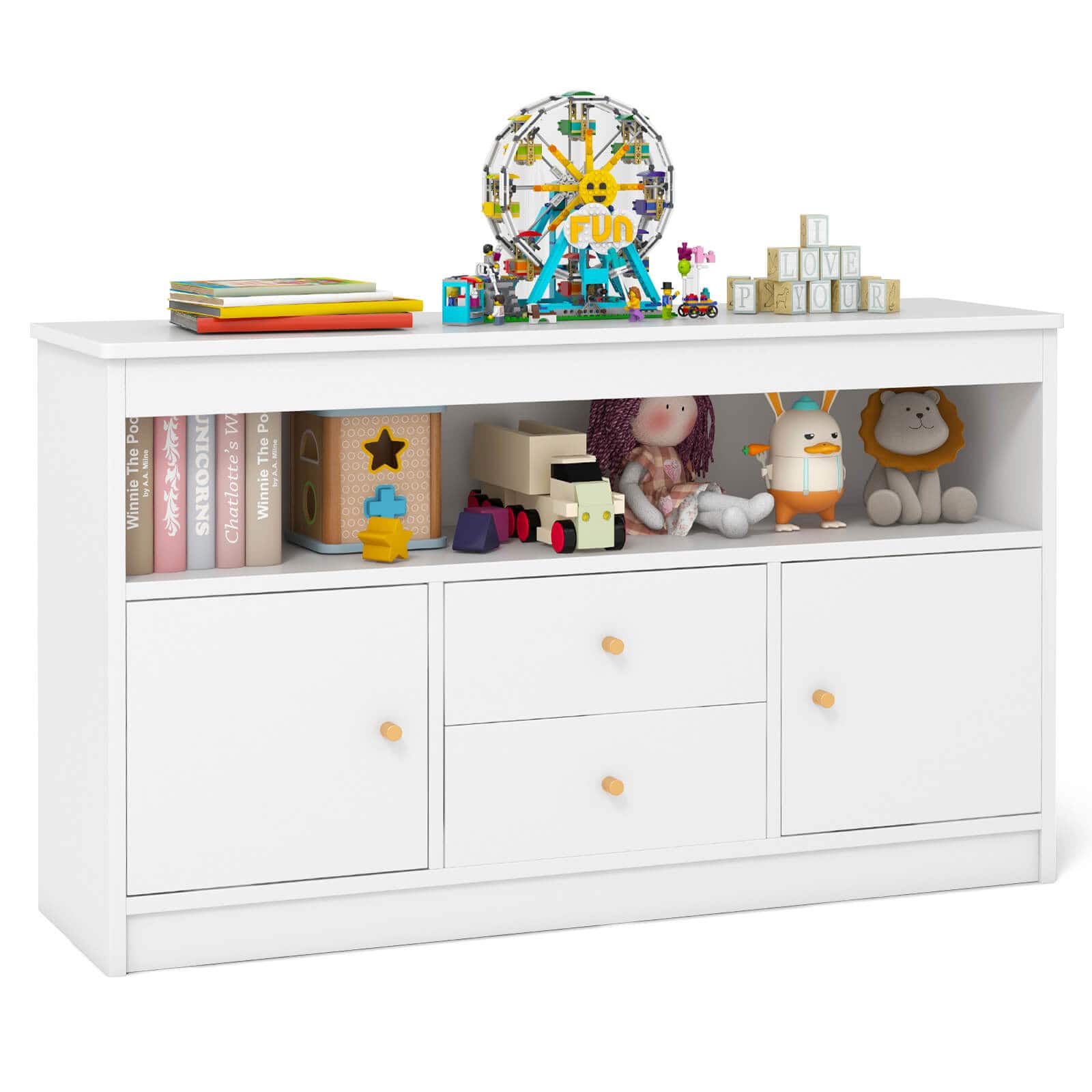 Costway - Kids Toy Storage Organizer Wooden Children Bookshelf Storage Chest with Open Shelf - White